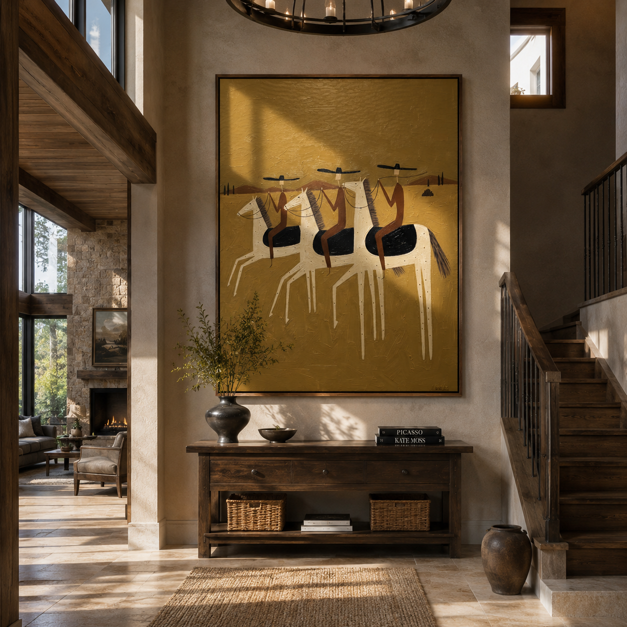 Four Riders Enter Gold – gold and brown modern western equestrian art, vertical hand-painted canvas art – view 6