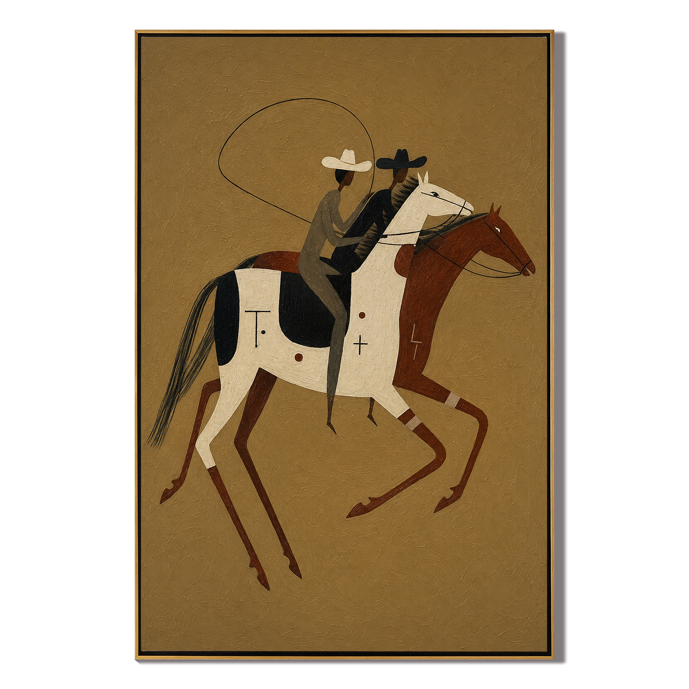 Two Riders Chase Noon – brown modern western equestrian art, vertical hand-painted canvas art – view 1