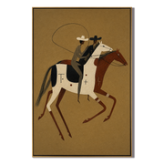Two Riders Chase Noon – brown modern western equestrian art, vertical hand-painted canvas art – view 1