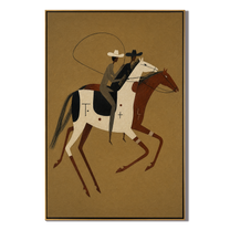 Two Riders Chase Noon – brown modern western equestrian art, vertical hand-painted canvas art – view 1