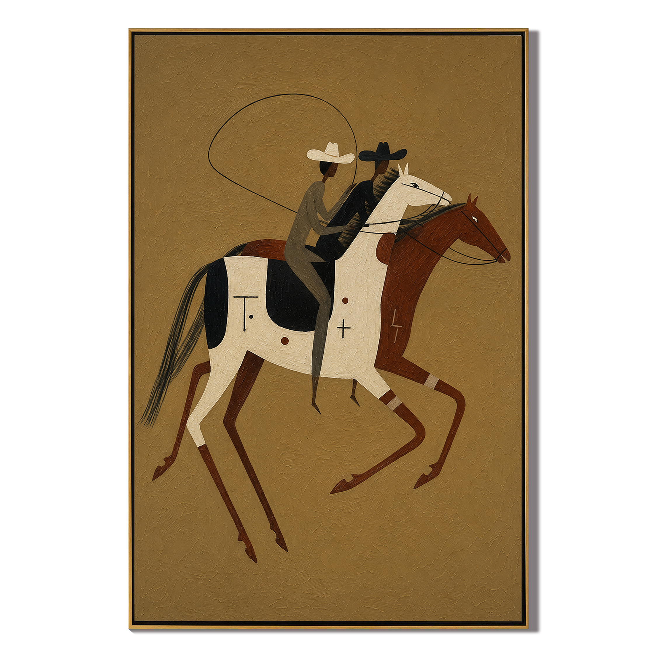Two Riders Chase Noon – brown modern western equestrian art, vertical hand-painted canvas art – view 1