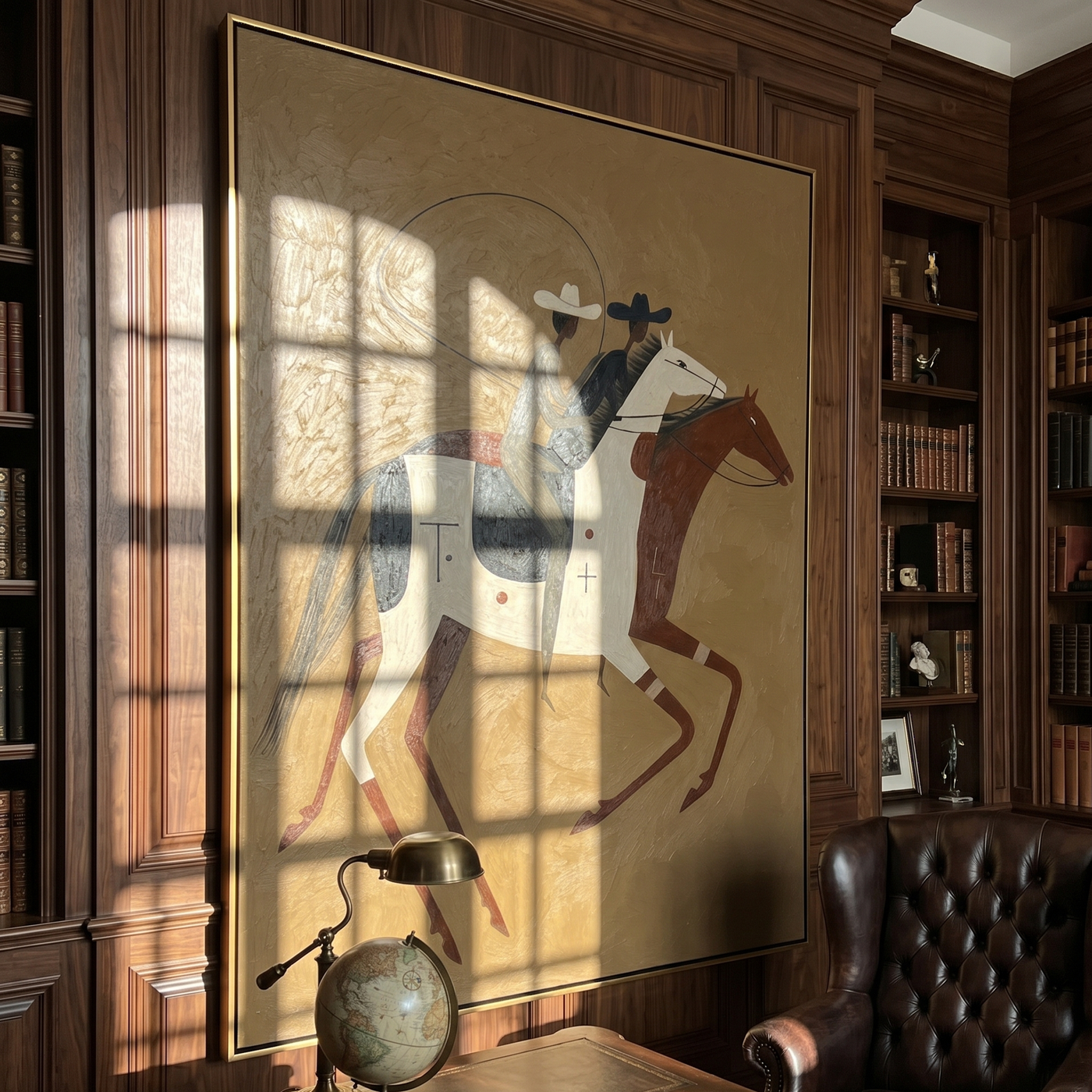 Two Riders Chase Noon – brown modern western equestrian art, vertical hand-painted canvas art – view 2