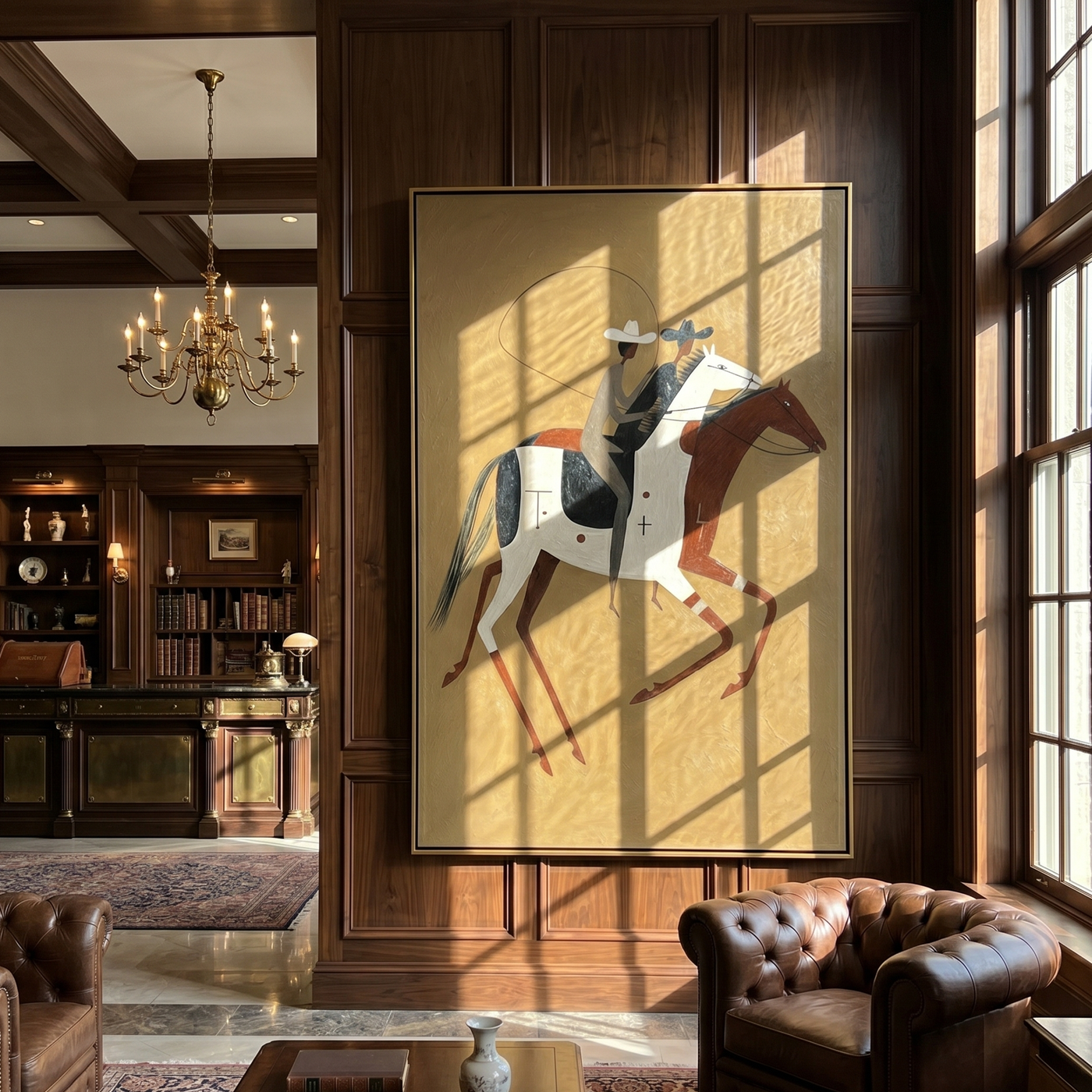 Two Riders Chase Noon – brown modern western equestrian art, vertical hand-painted canvas art – view 3