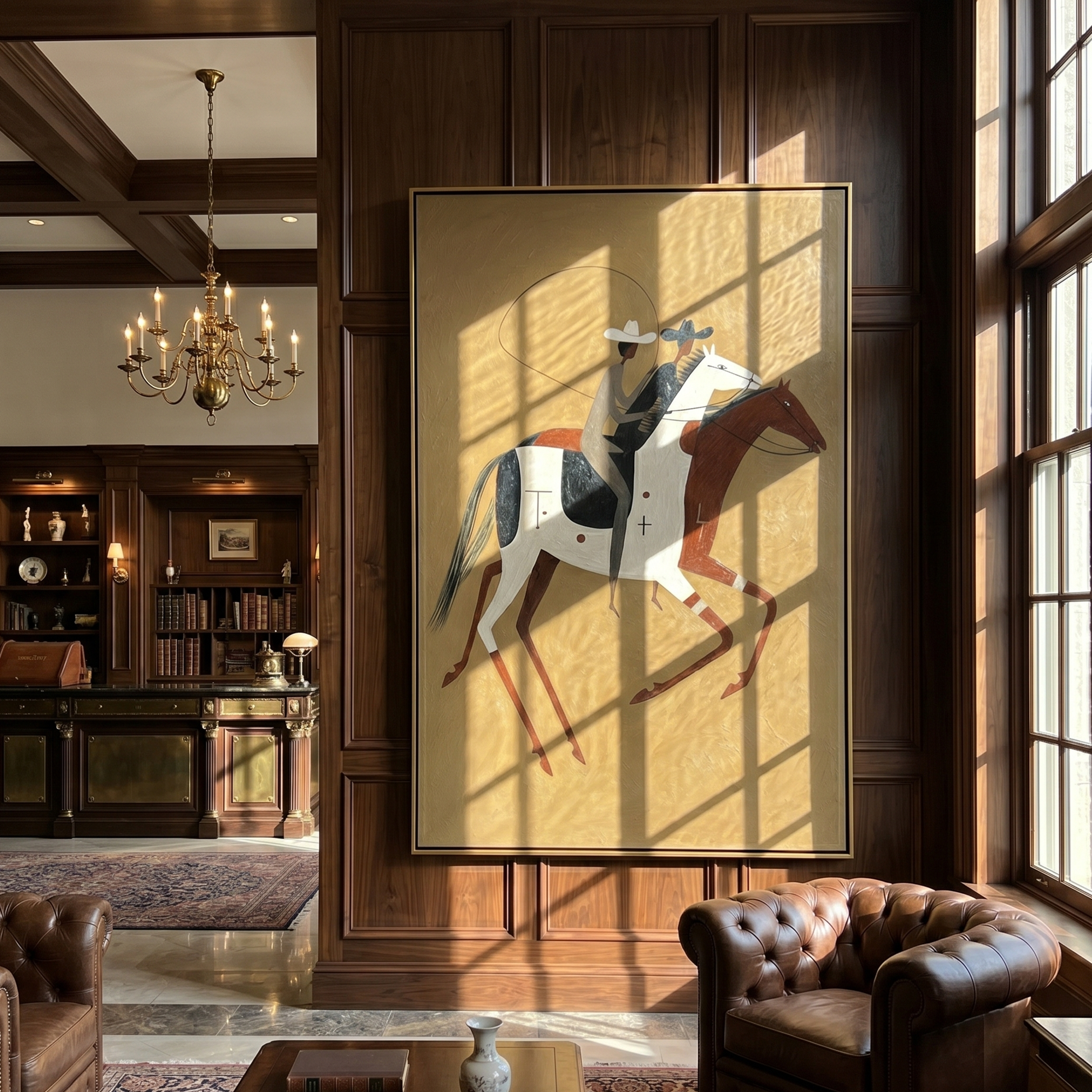 Two Riders Chase Noon – brown modern western equestrian art, vertical hand-painted canvas art – view 3
