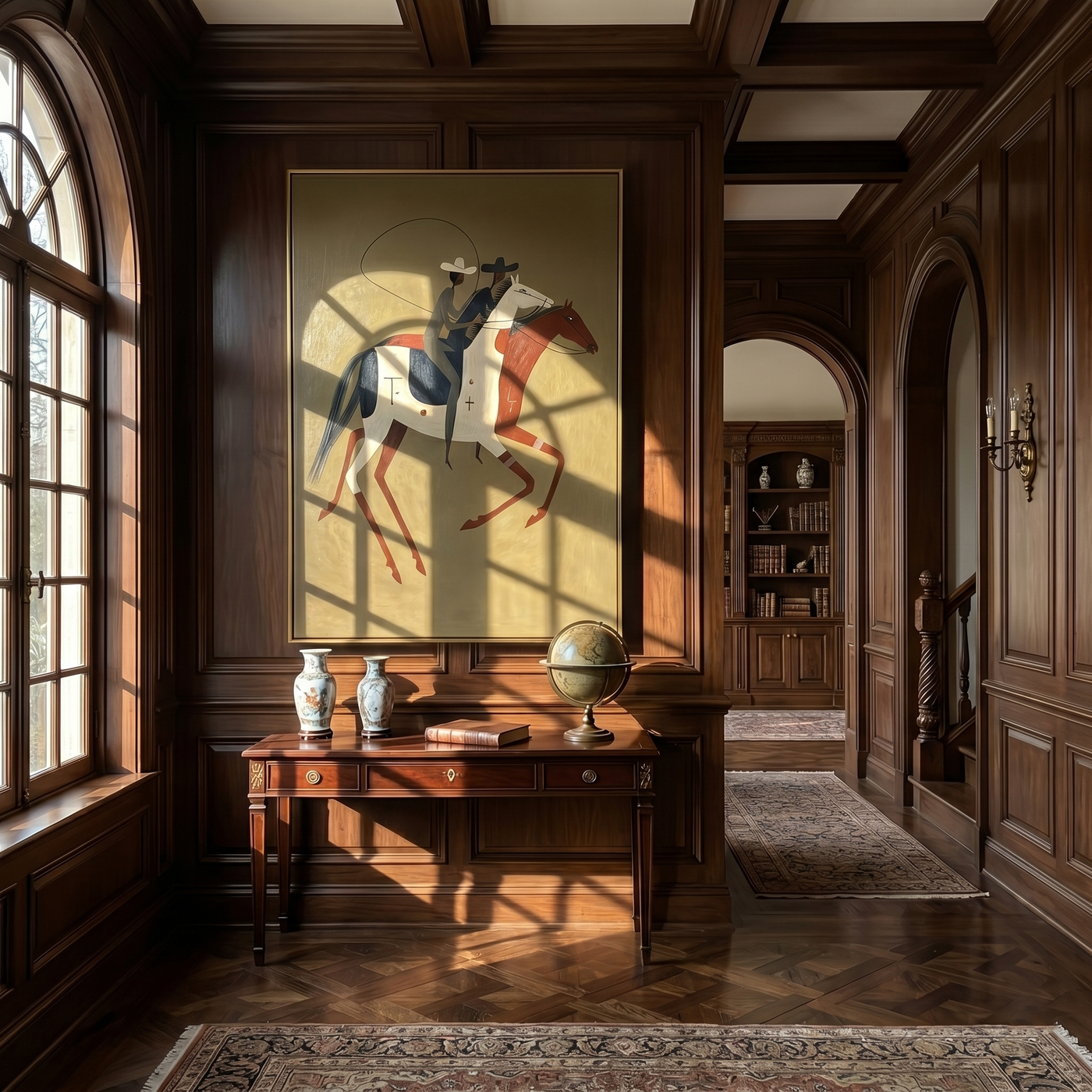 Two Riders Chase Noon – brown modern western equestrian art, vertical hand-painted canvas art – view 4