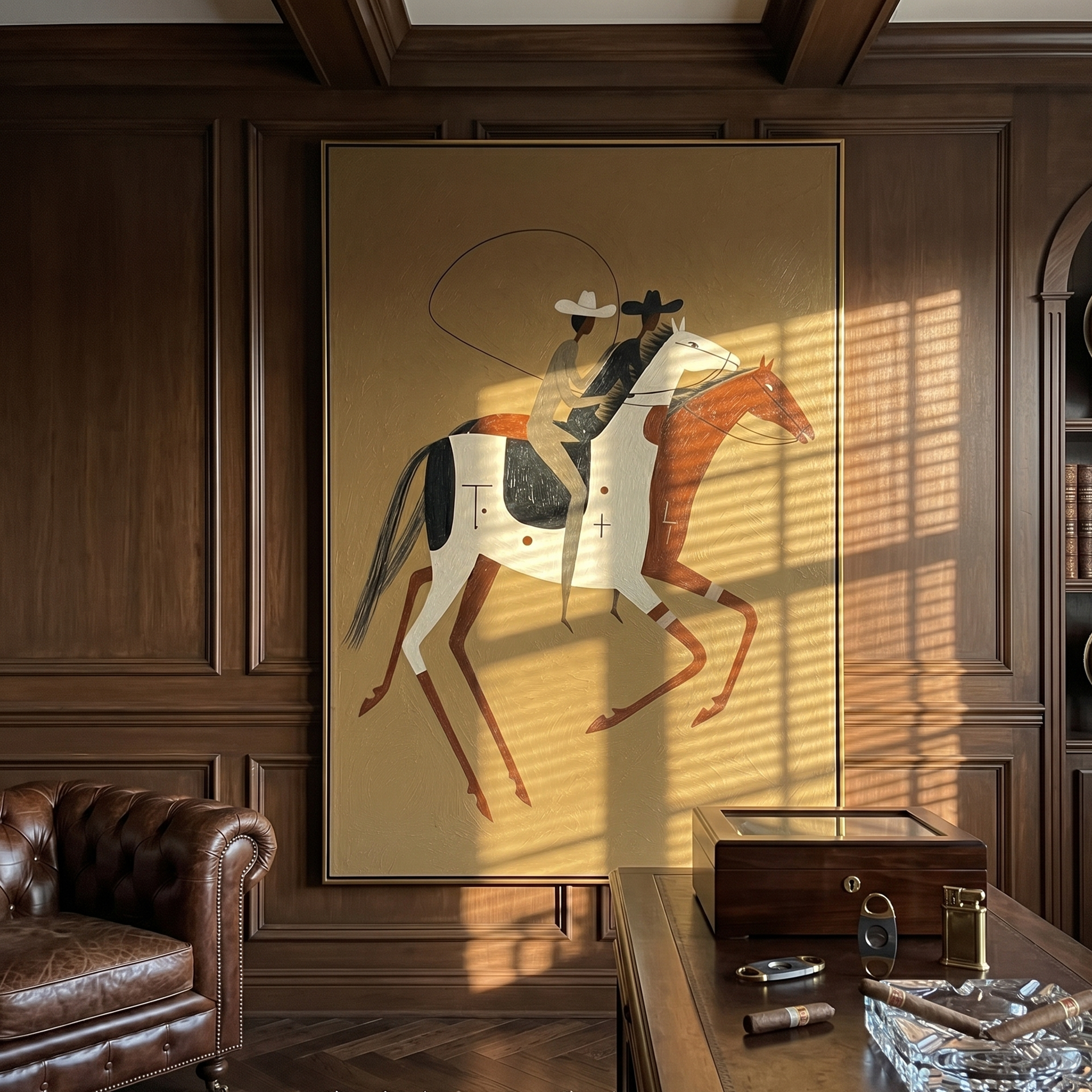 Two Riders Chase Noon – brown modern western equestrian art, vertical hand-painted canvas art – view 6