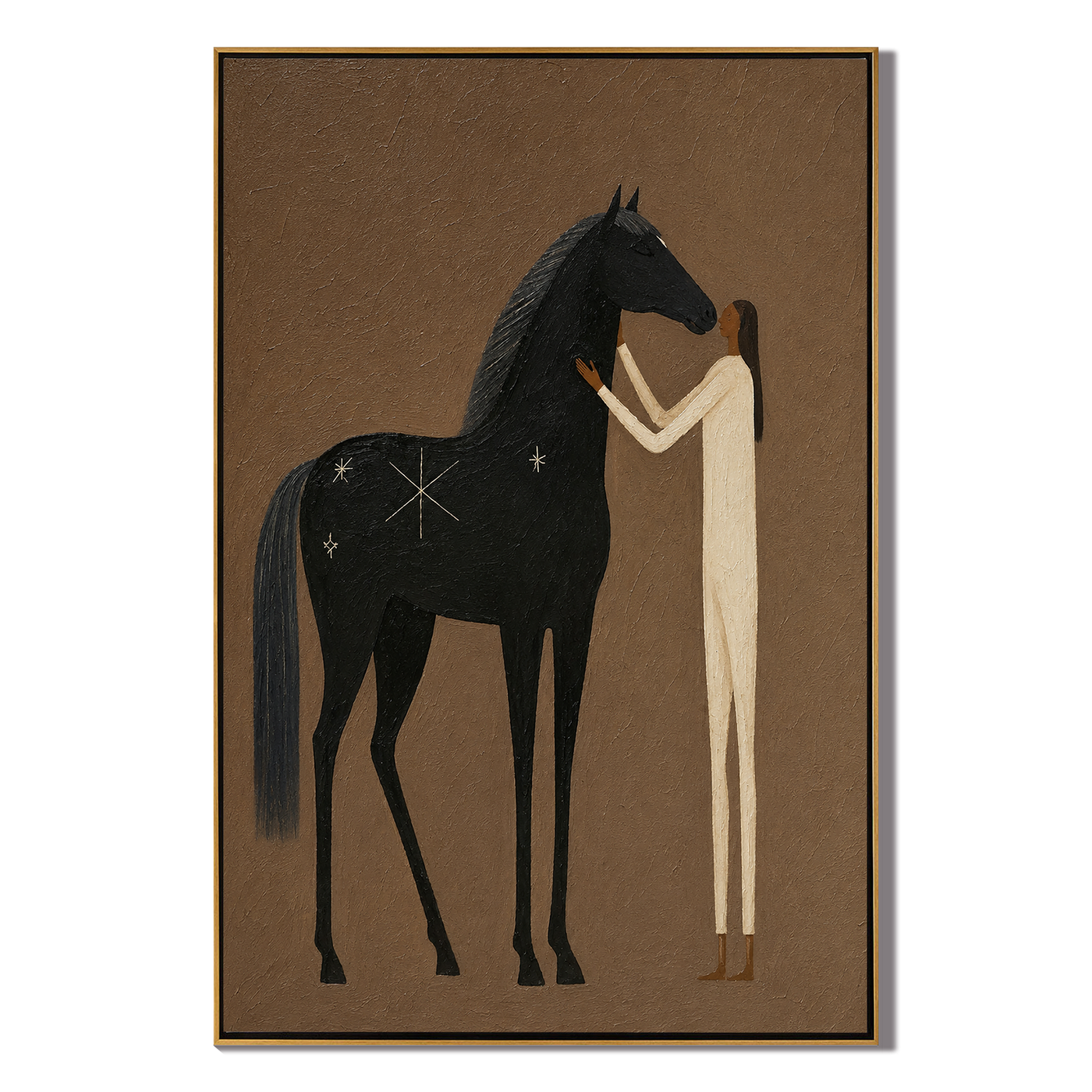 Where Black Thunder Softens – brown and black modern western equestrian art, vertical hand-painted canvas art – view 1