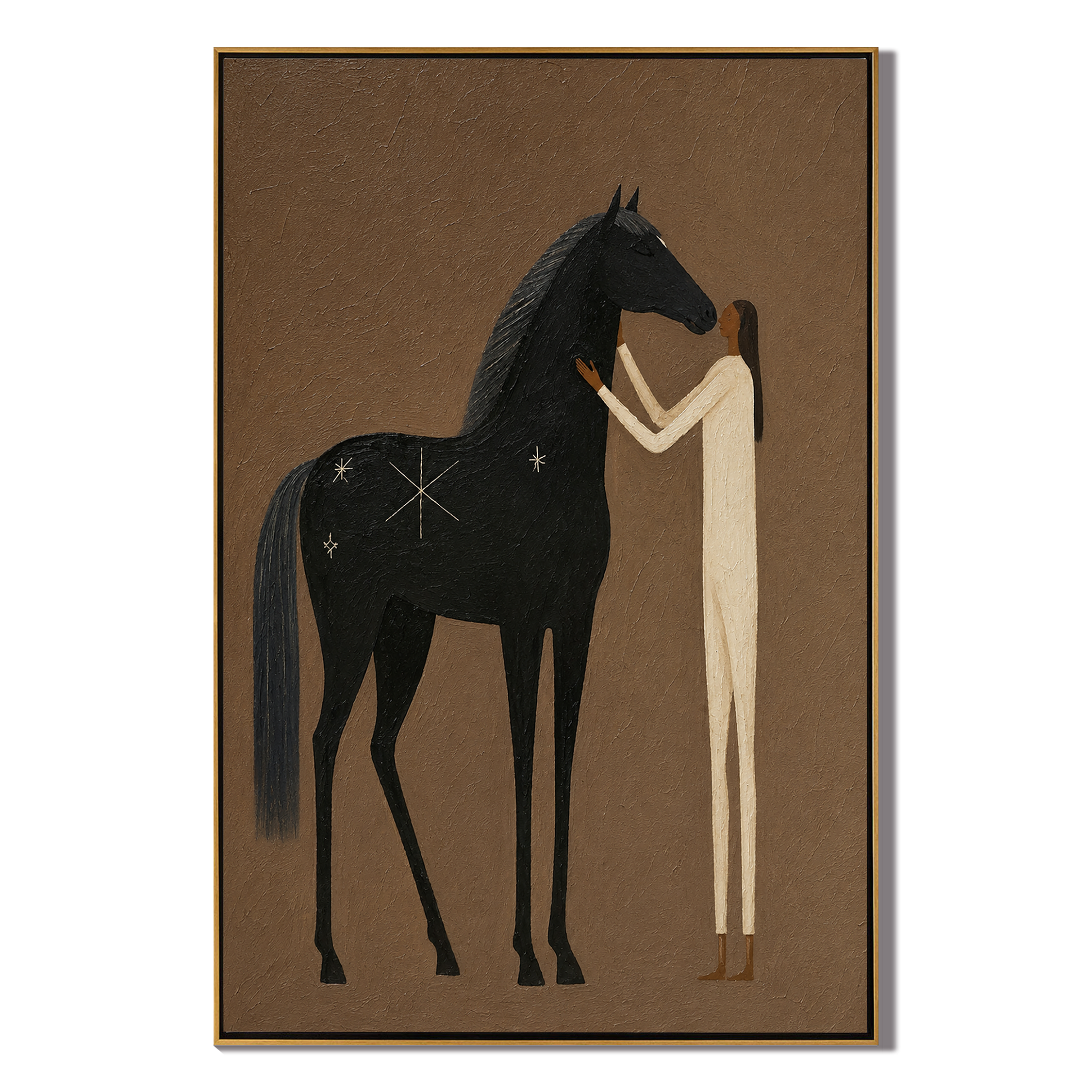 Where Black Thunder Softens – brown and black modern western equestrian art, vertical hand-painted canvas art – view 1