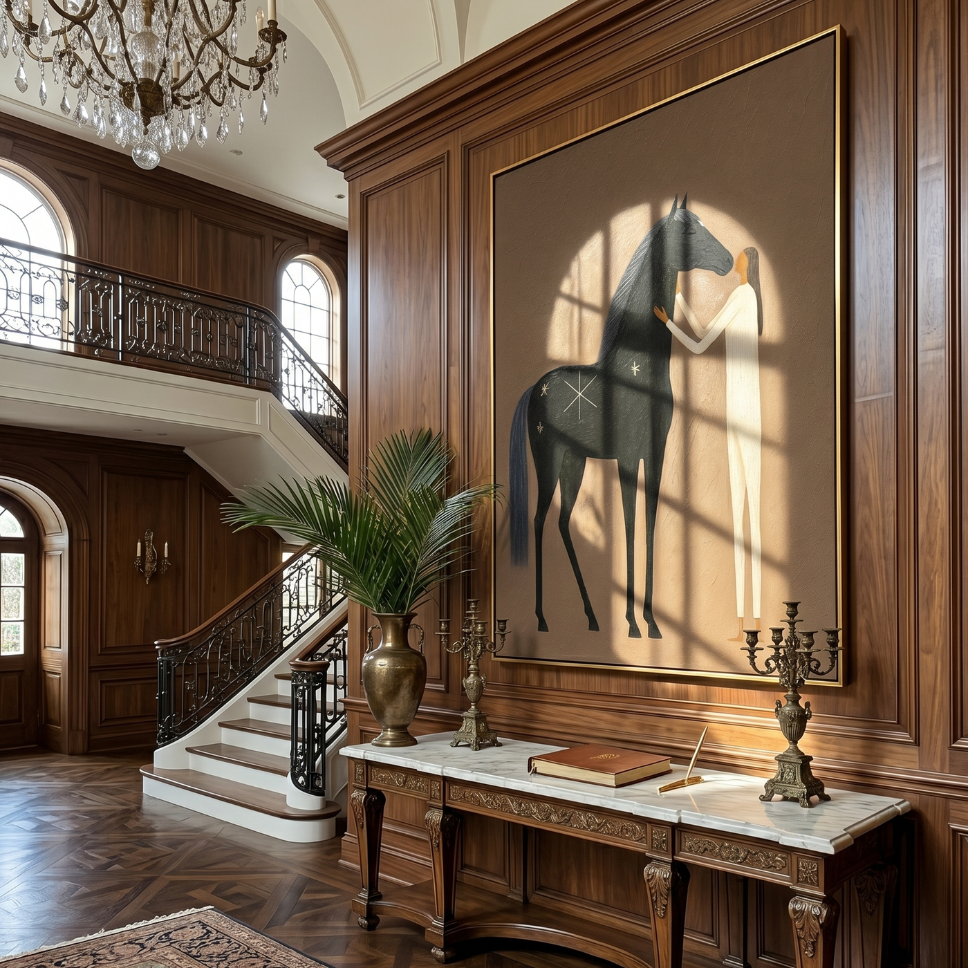 Where Black Thunder Softens – brown and black modern western equestrian art, vertical hand-painted canvas art – view 2