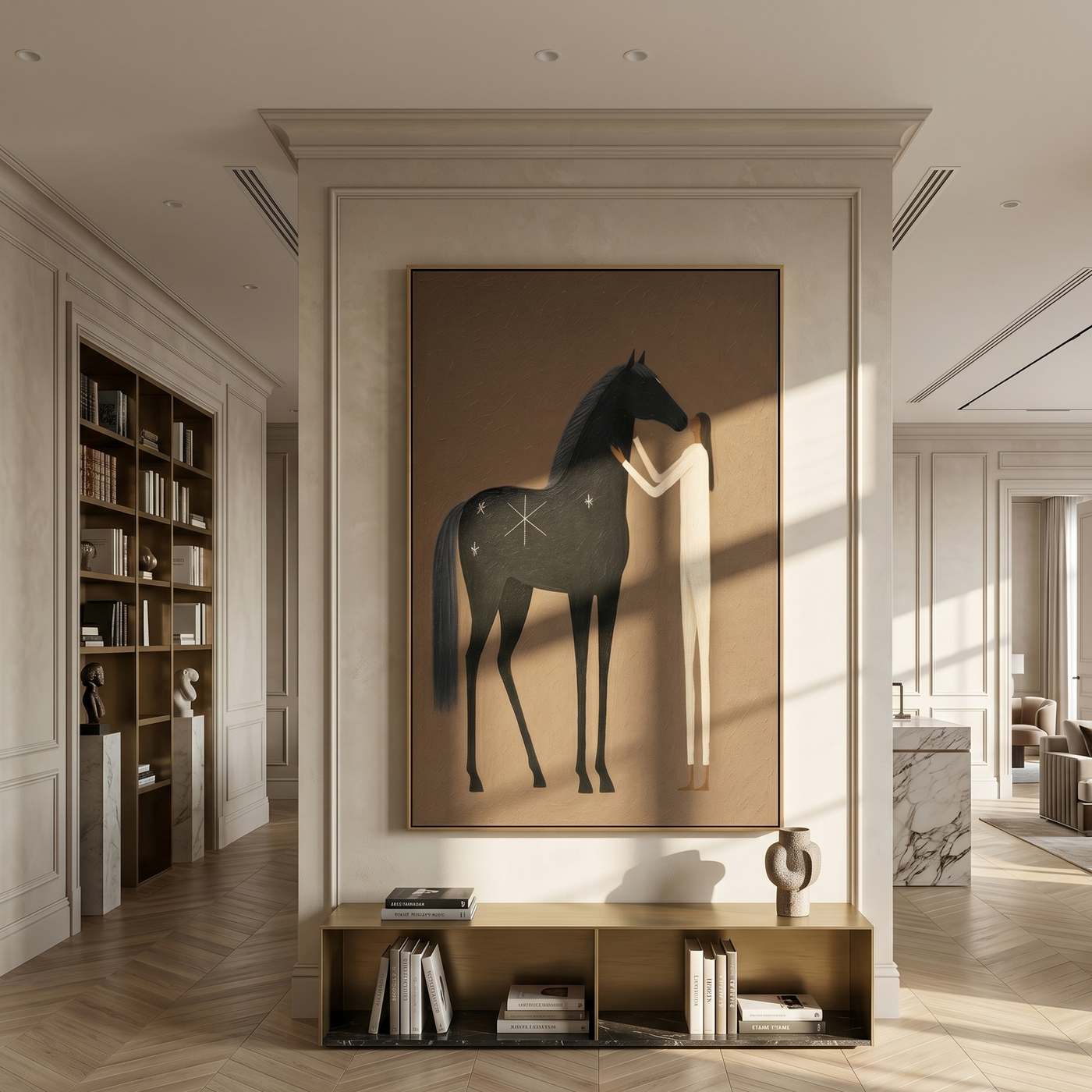 Where Black Thunder Softens – brown and black modern western equestrian art, vertical hand-painted canvas art – view 3