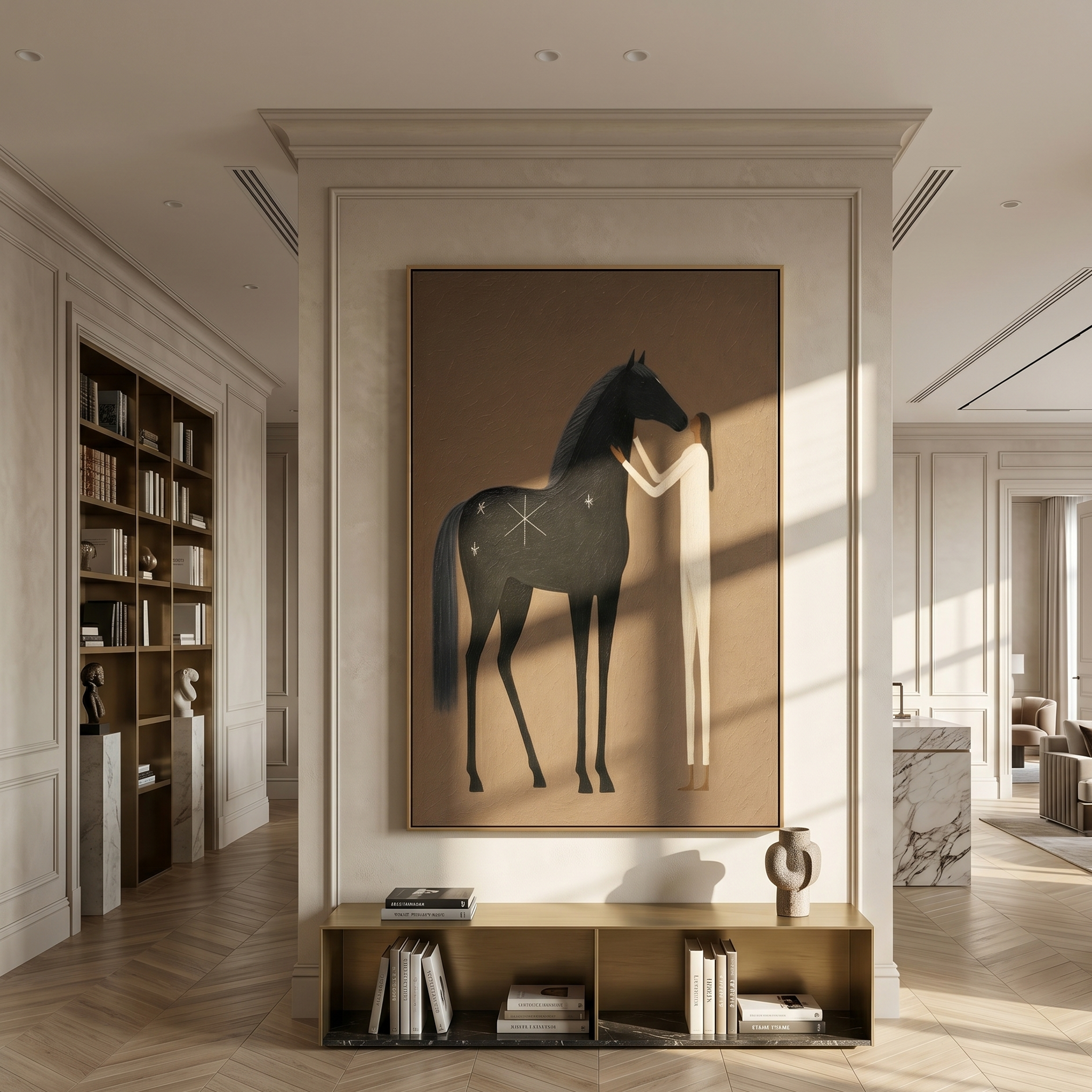 Where Black Thunder Softens – brown and black modern western equestrian art, vertical hand-painted canvas art – view 3