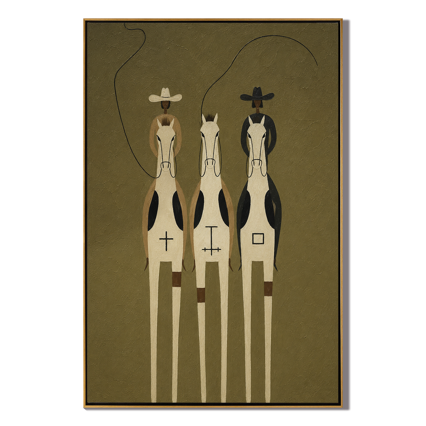 Three Riders Thread Silence – brown and gold modern western equestrian art, vertical hand-painted canvas art – view 1