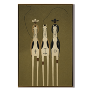 Three Riders Thread Silence – brown and gold modern western equestrian art, vertical hand-painted canvas art – view 1