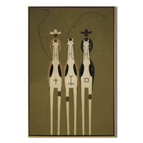Three Riders Thread Silence – brown and gold modern western equestrian art, vertical hand-painted canvas art – view 1