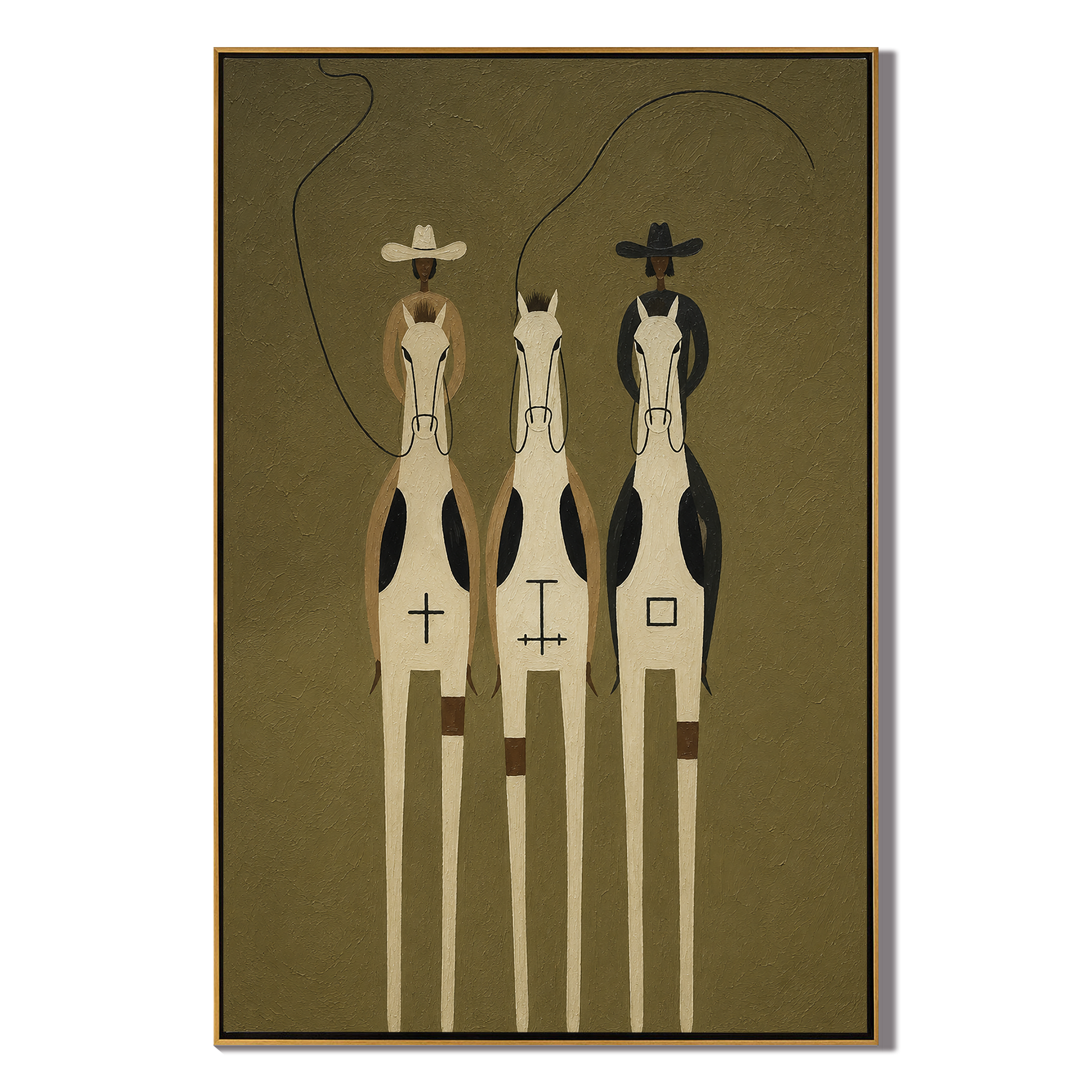 Three Riders Thread Silence – brown and gold modern western equestrian art, vertical hand-painted canvas art – view 1