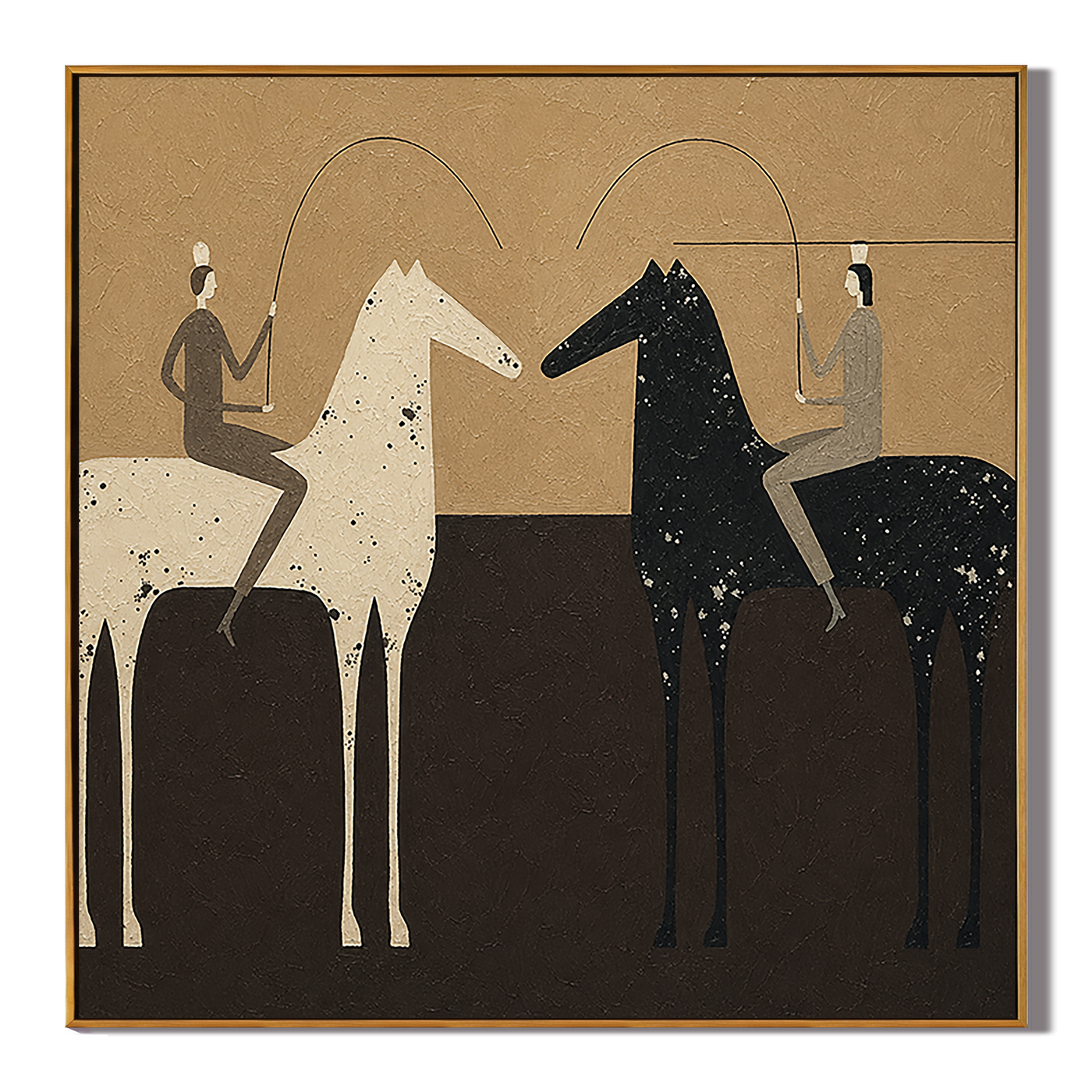 Two Lassos Divide Night – black and gold modern western equestrian art, square hand-painted canvas art – view 1