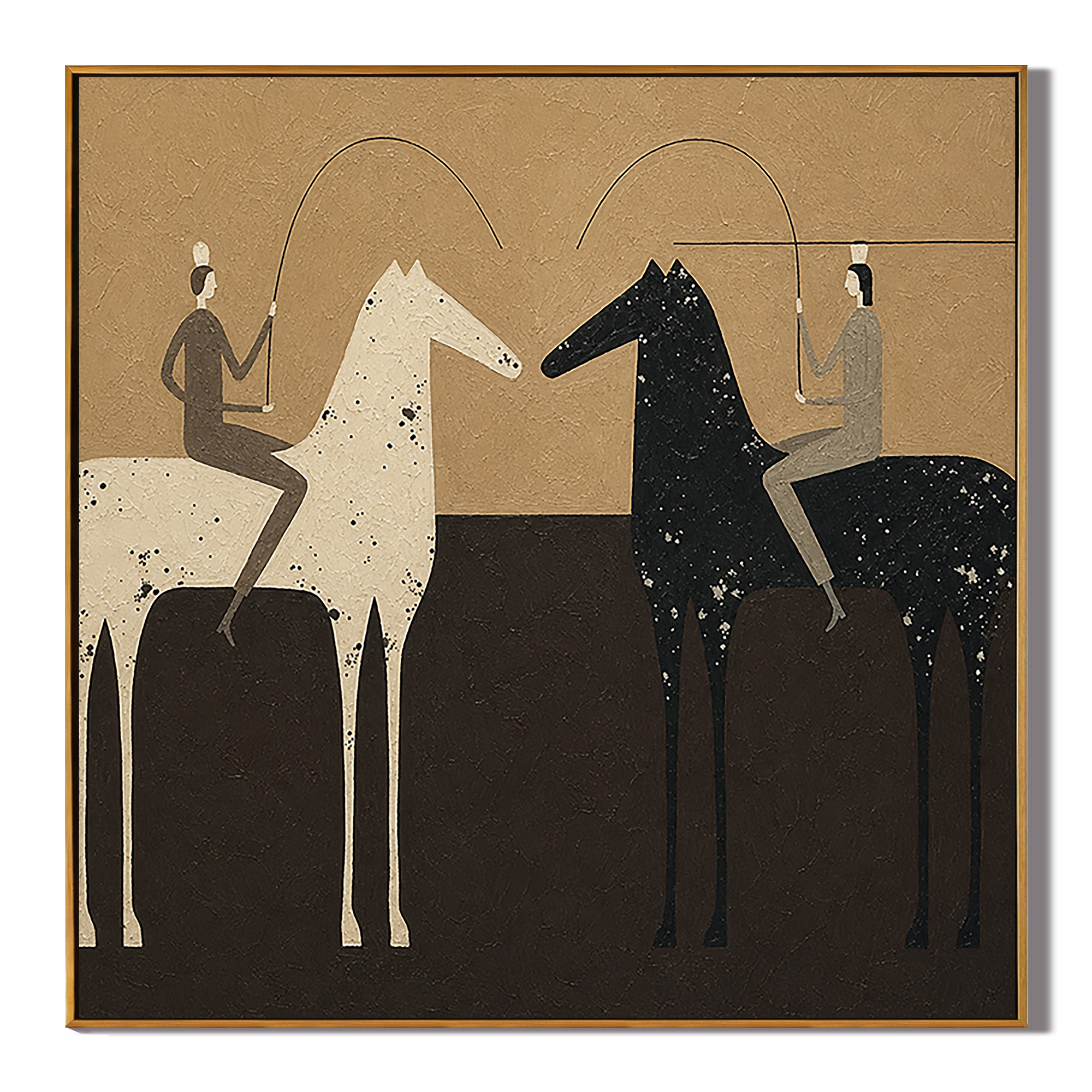 Two Lassos Divide Night – black and gold modern western equestrian art, square hand-painted canvas art – view 1