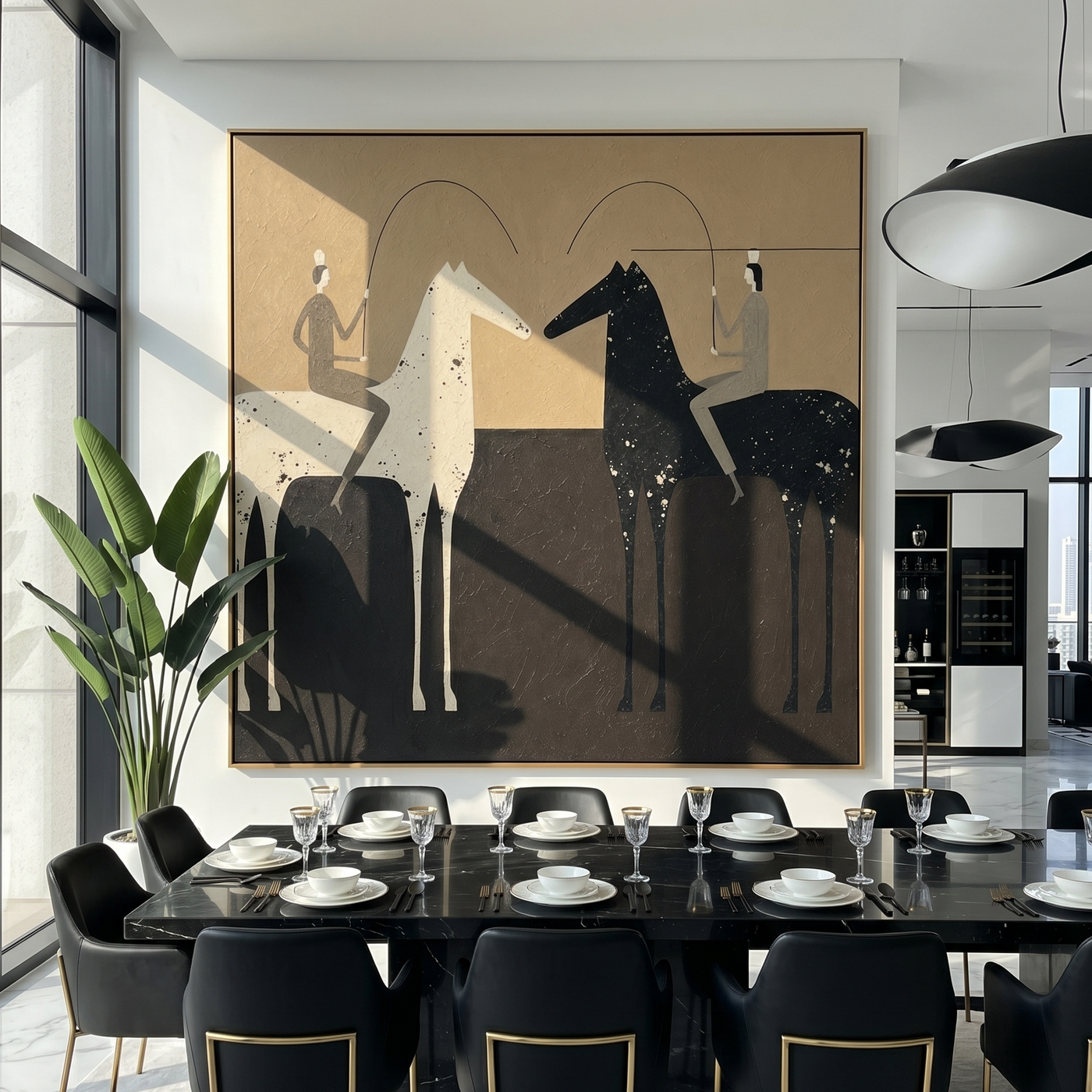 Two Lassos Divide Night – black and gold modern western equestrian art, square hand-painted canvas art – view 2