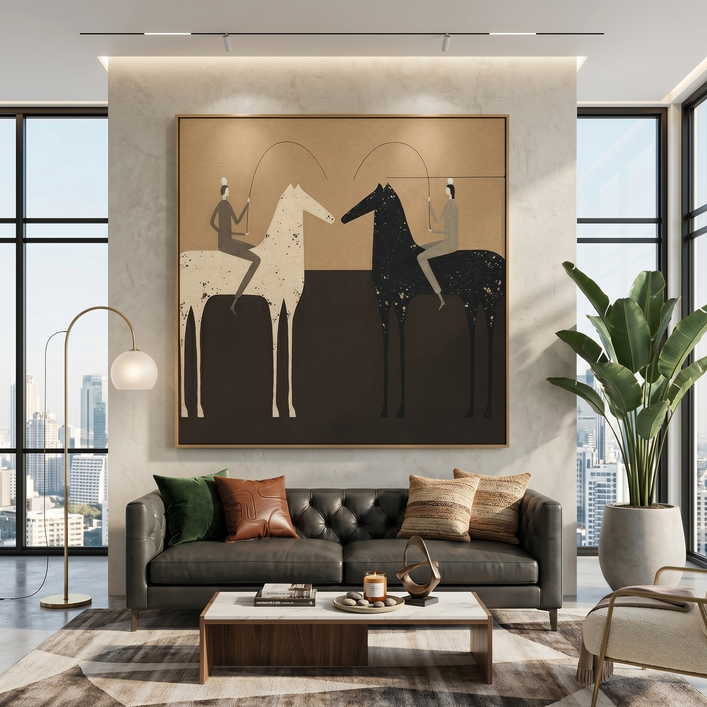 Two Lassos Divide Night – black and gold modern western equestrian art, square hand-painted canvas art – view 3