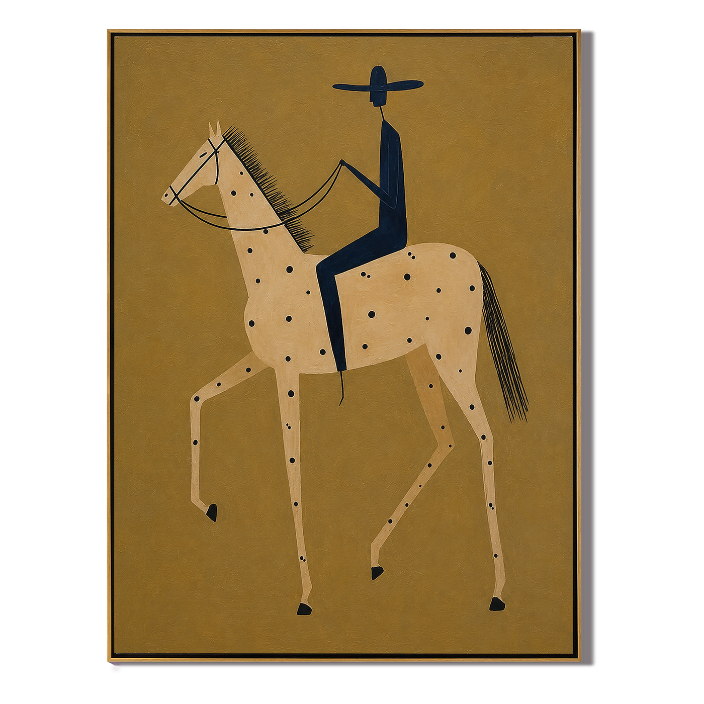 Blue Rider Crosses Gold – brown and gold modern western equestrian art, vertical hand-painted canvas art – view 1