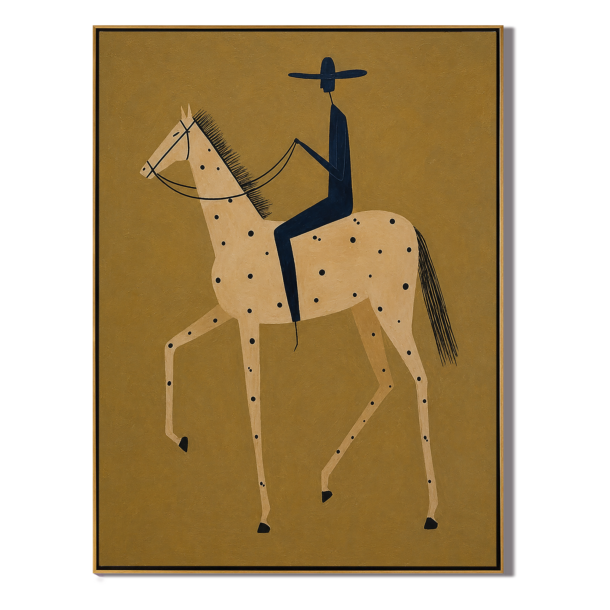 Blue Rider Crosses Gold – brown and gold modern western equestrian art, vertical hand-painted canvas art – view 1