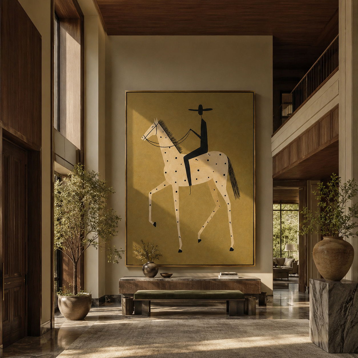Blue Rider Crosses Gold – brown and gold modern western equestrian art, vertical hand-painted canvas art – view 4