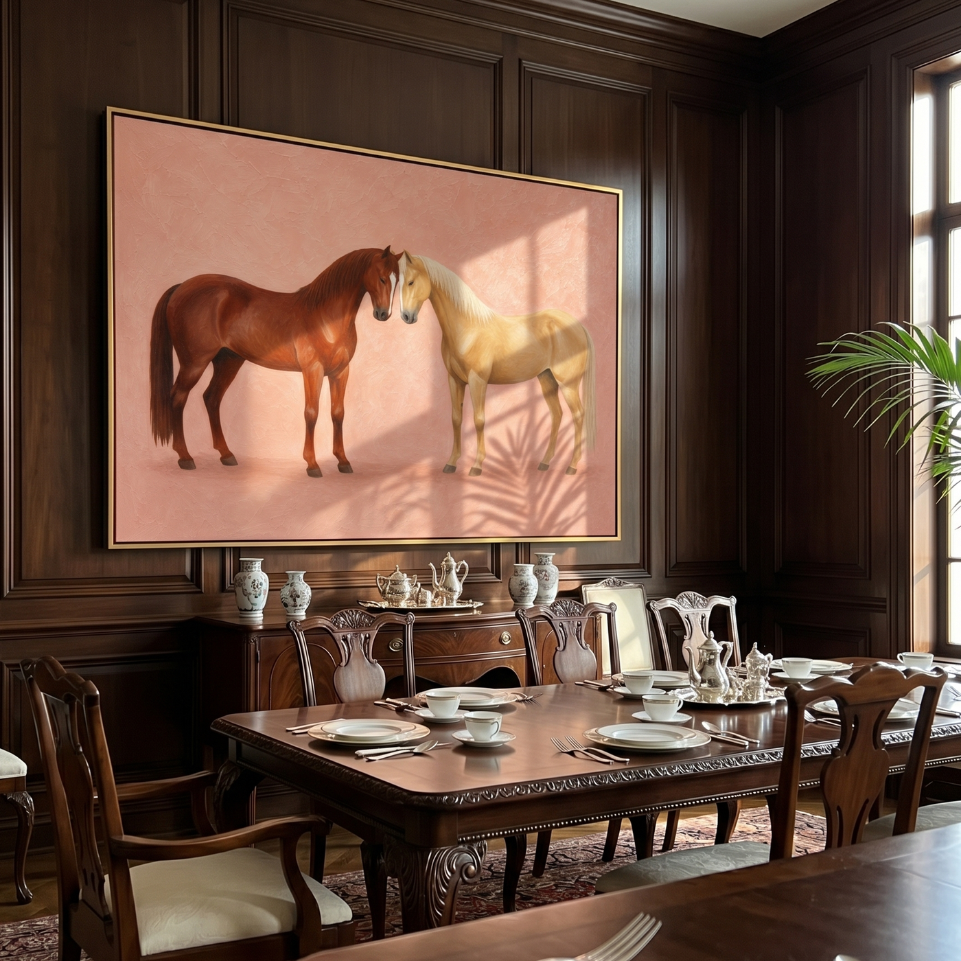 When Two Horses Whisper – brown modern western equestrian art, horizontal hand-painted canvas art – view 2