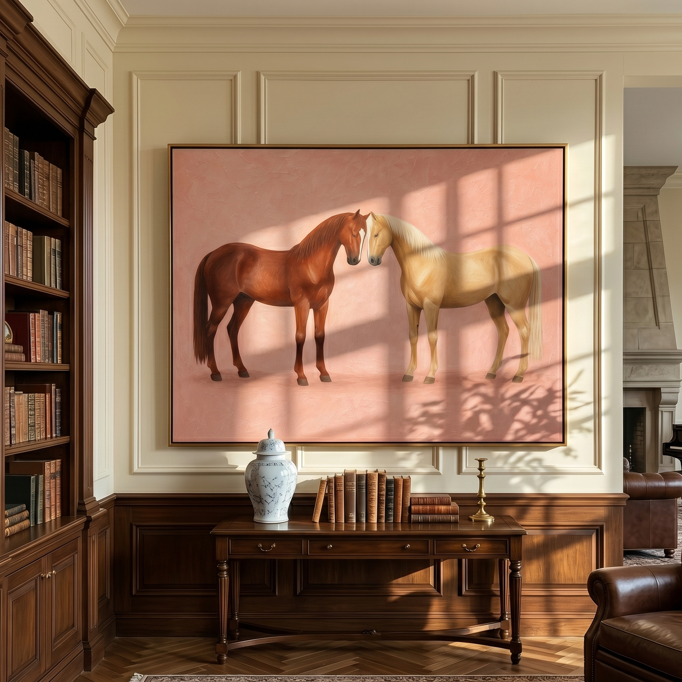 When Two Horses Whisper – brown modern western equestrian art, horizontal hand-painted canvas art – view 4