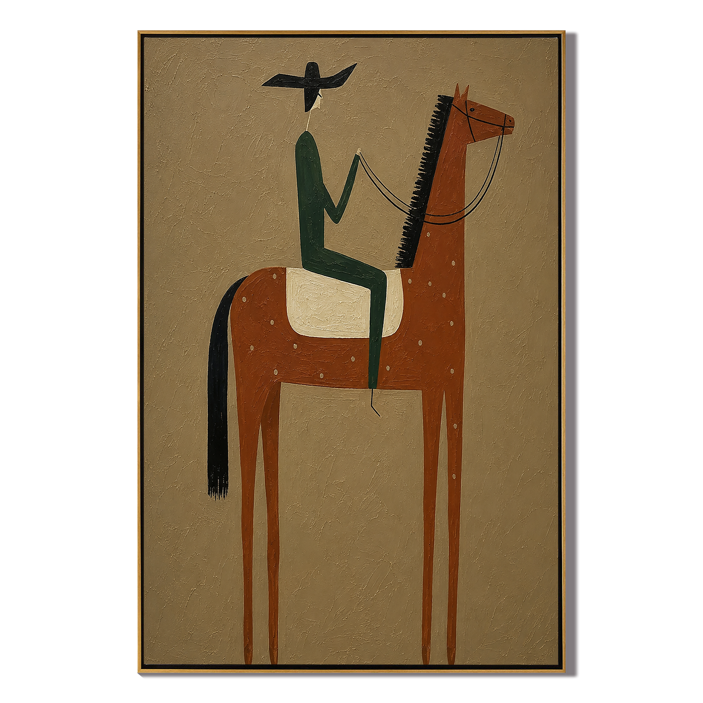 Green Rider Holds Dawn – brown modern western equestrian art, vertical hand-painted canvas art – view 1