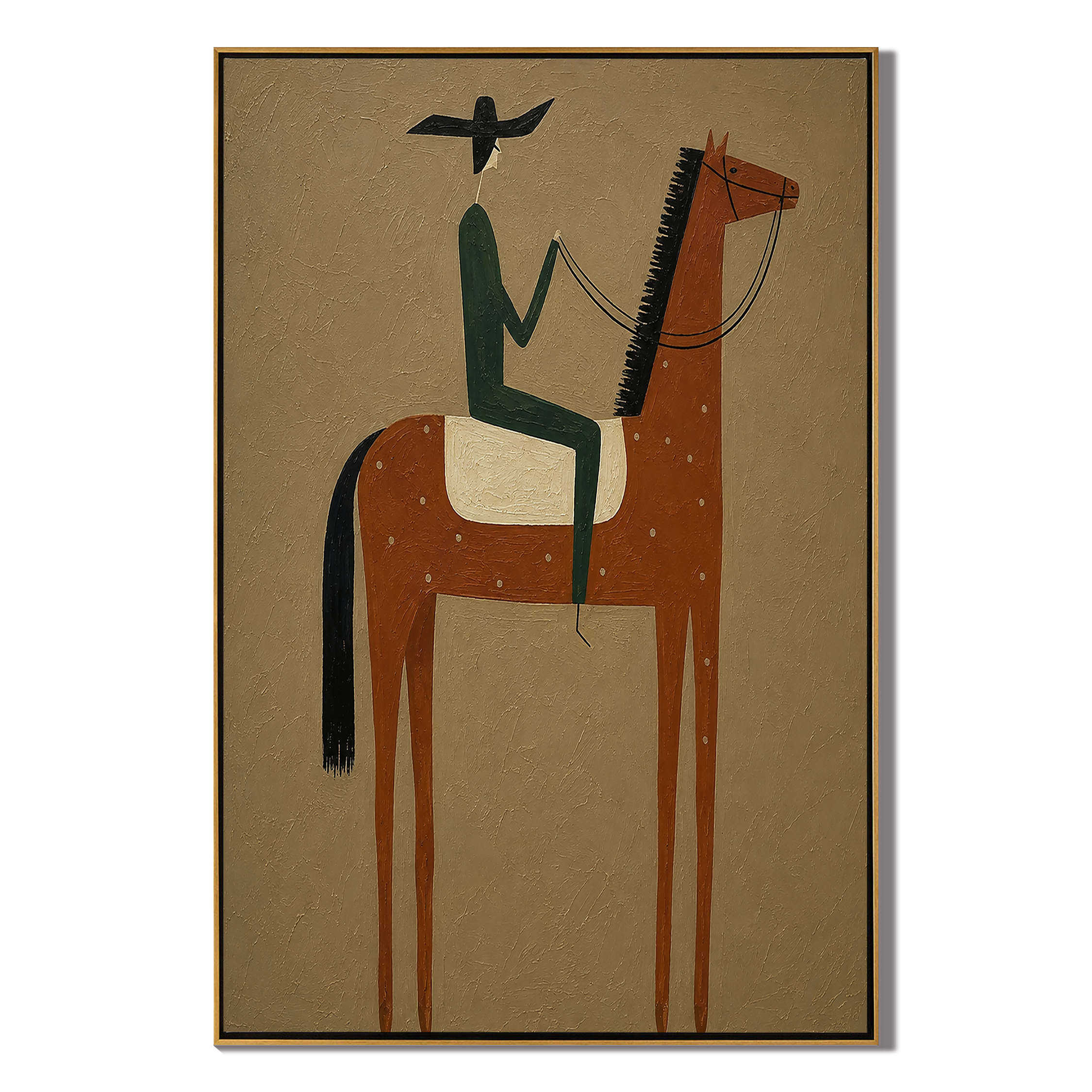 Green Rider Holds Dawn – brown modern western equestrian art, vertical hand-painted canvas art – view 1
