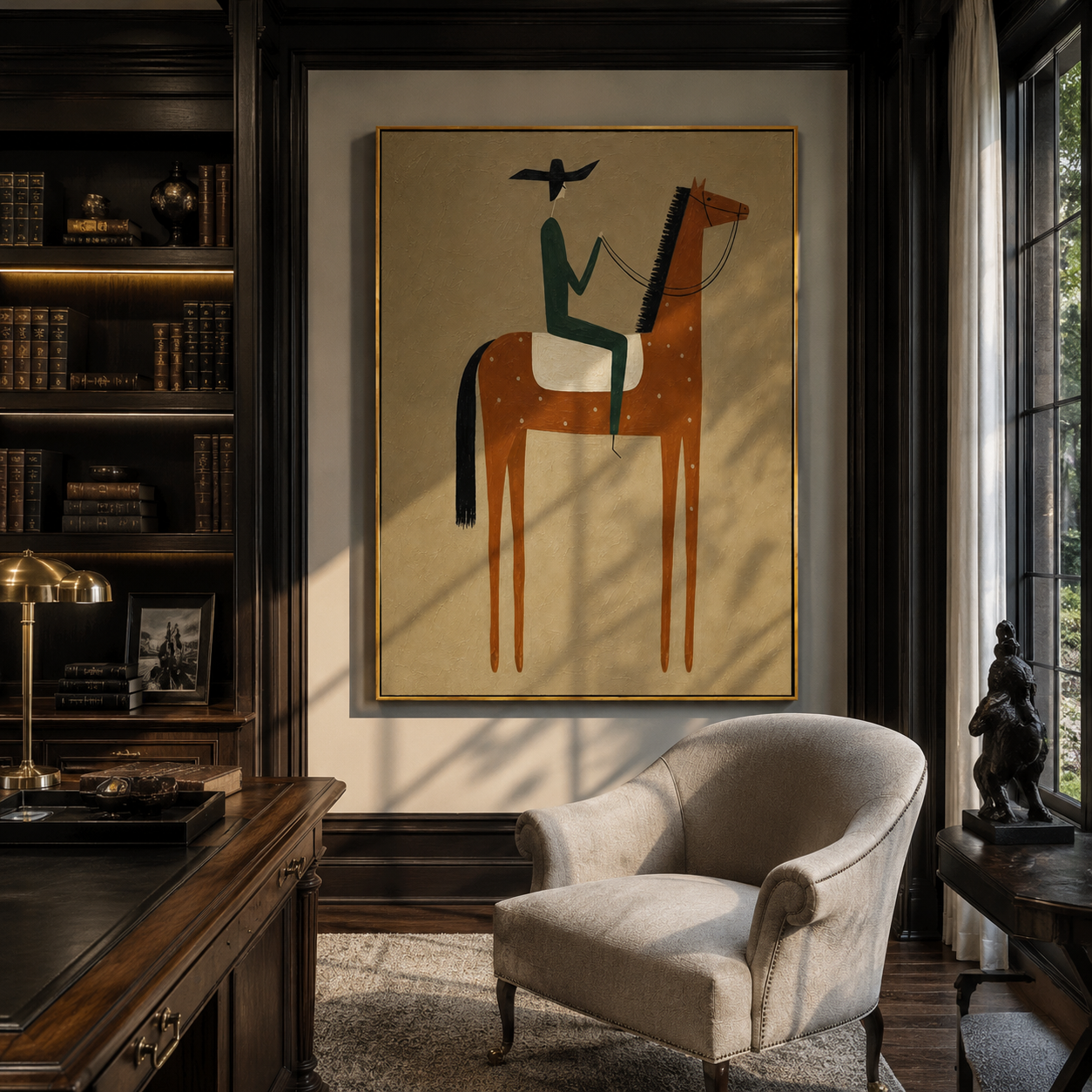 Green Rider Holds Dawn – brown modern western equestrian art, vertical hand-painted canvas art – view 2