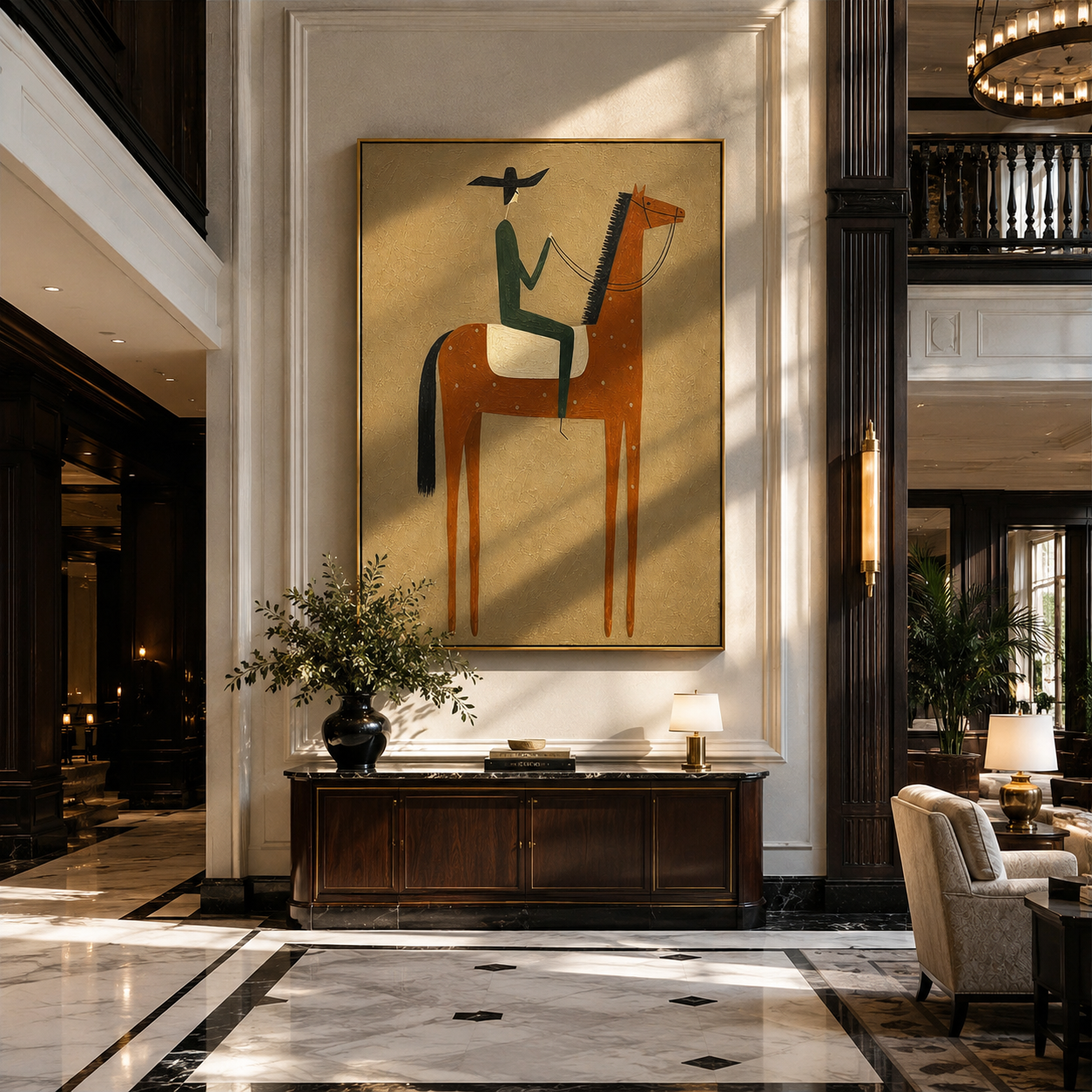 Green Rider Holds Dawn – brown modern western equestrian art, vertical hand-painted canvas art – view 3