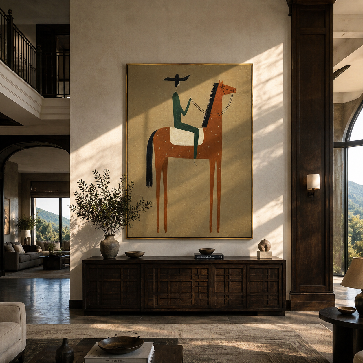 Green Rider Holds Dawn – brown modern western equestrian art, vertical hand-painted canvas art – view 4