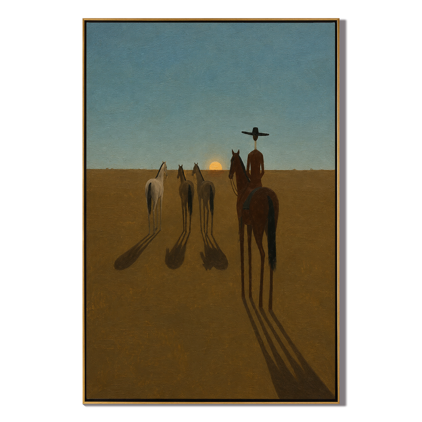 Long Shadows Follow Home – brown and blue modern western equestrian art, vertical hand-painted canvas art – view 1