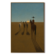 Long Shadows Follow Home – brown and blue modern western equestrian art, vertical hand-painted canvas art – view 1
