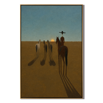 Long Shadows Follow Home – brown and blue modern western equestrian art, vertical hand-painted canvas art – view 1