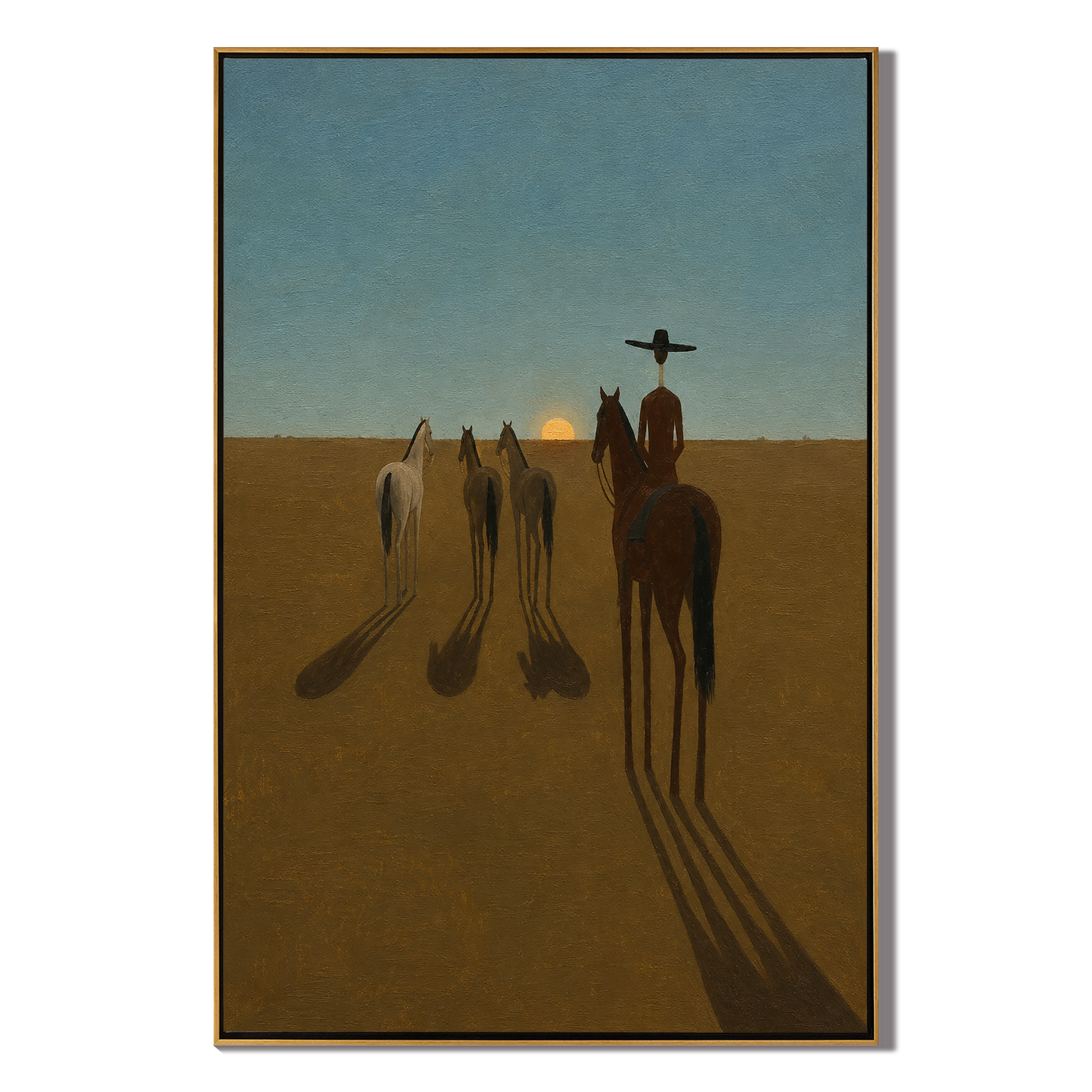 Long Shadows Follow Home – brown and blue modern western equestrian art, vertical hand-painted canvas art – view 1