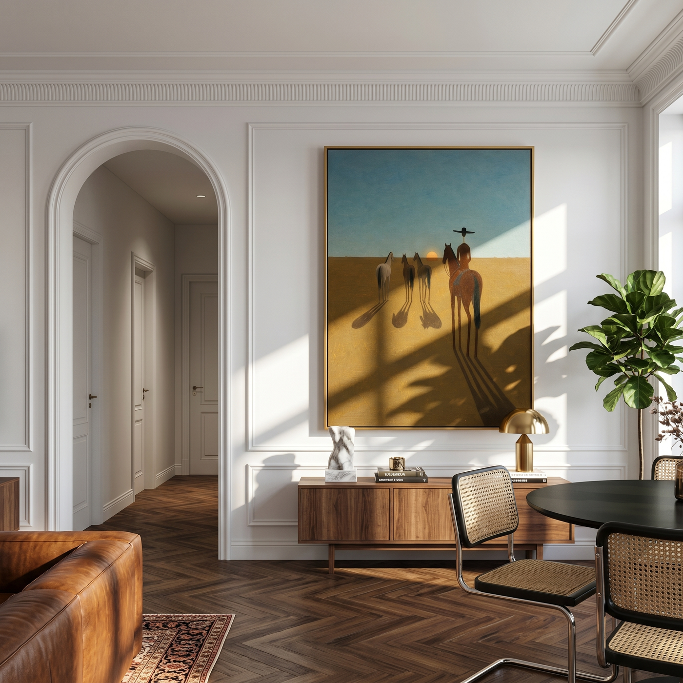 Long Shadows Follow Home – brown and blue modern western equestrian art, vertical hand-painted canvas art – view 2