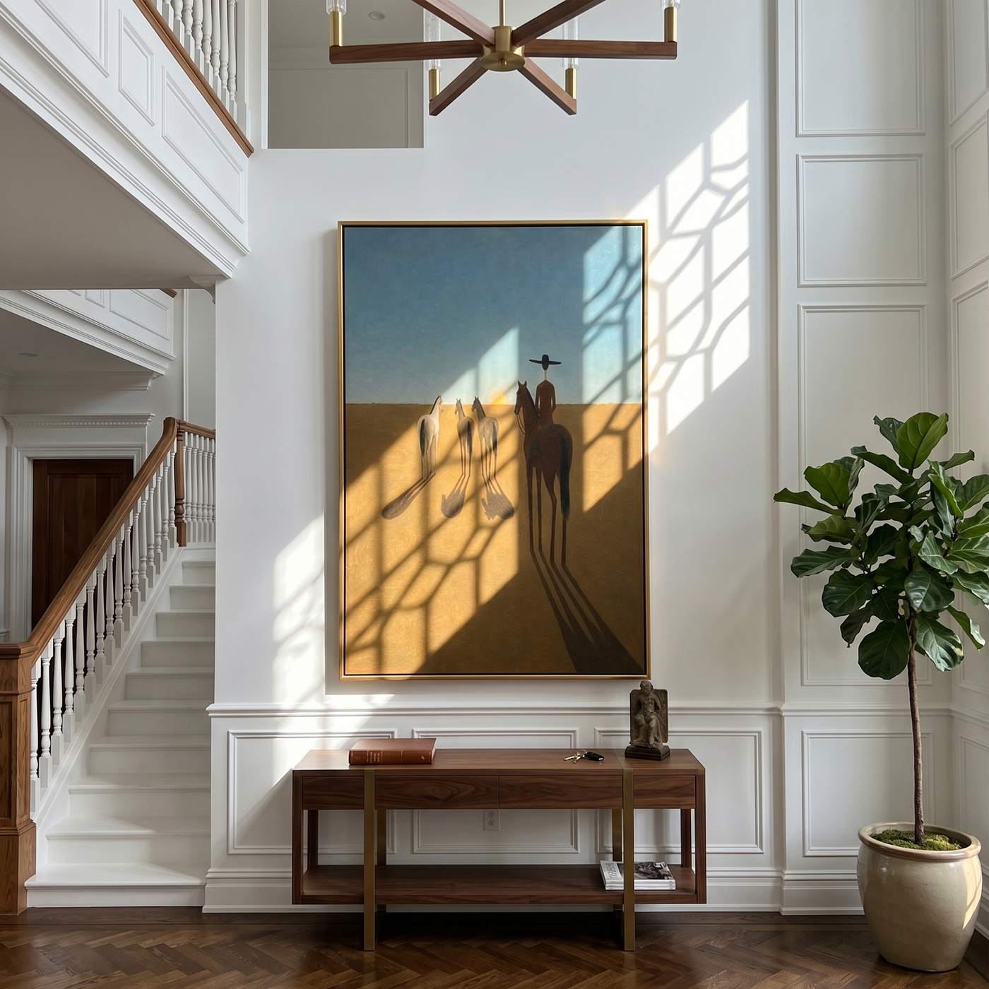 Long Shadows Follow Home – brown and blue modern western equestrian art, vertical hand-painted canvas art – view 3