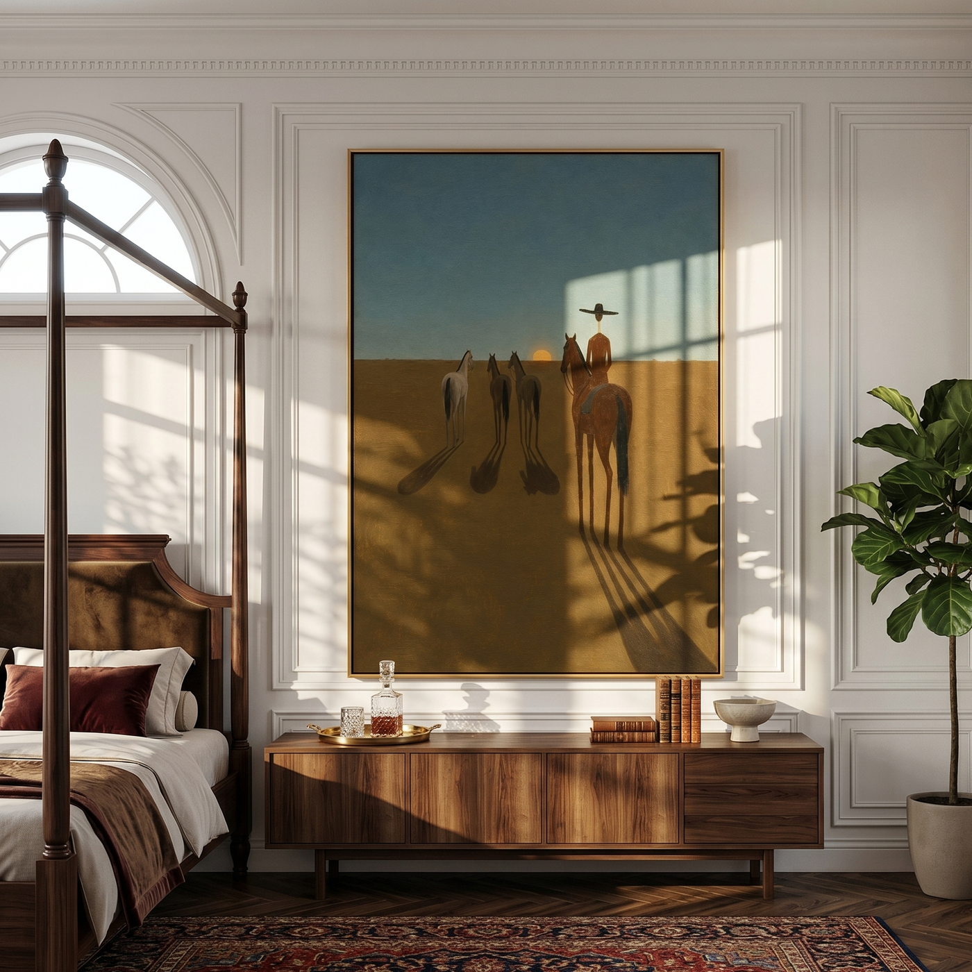 Long Shadows Follow Home – brown and blue modern western equestrian art, vertical hand-painted canvas art – view 4