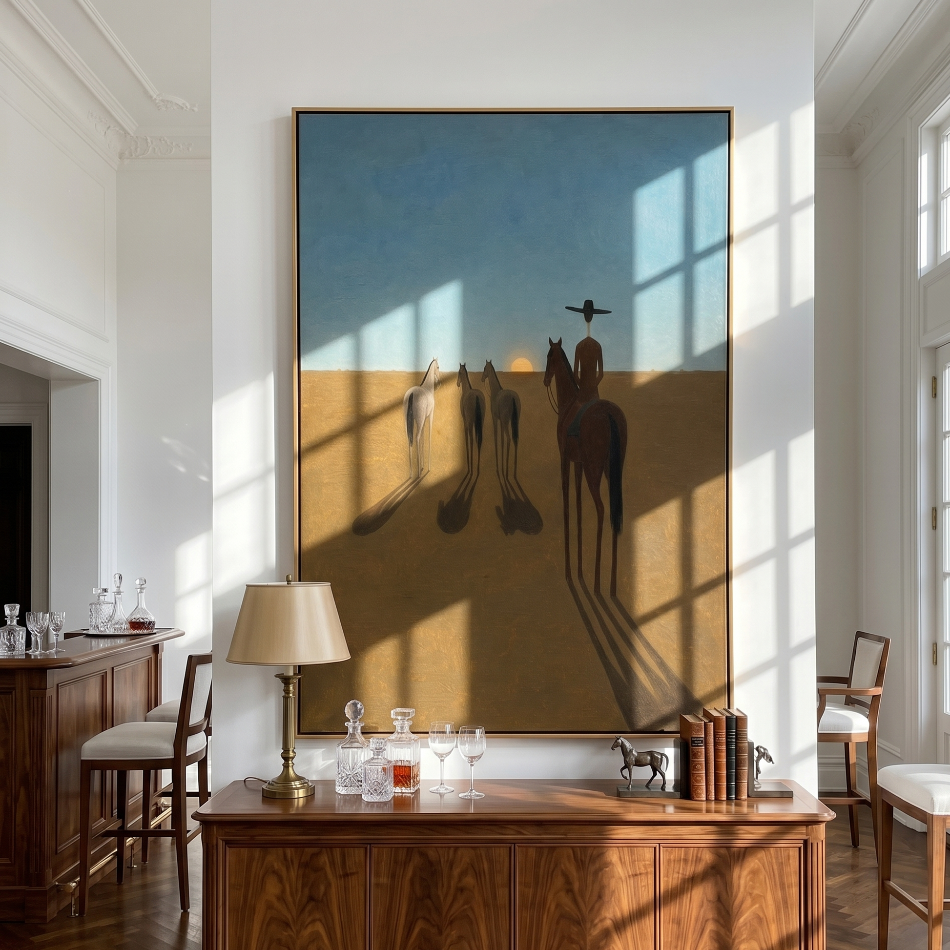 Long Shadows Follow Home – brown and blue modern western equestrian art, vertical hand-painted canvas art – view 5