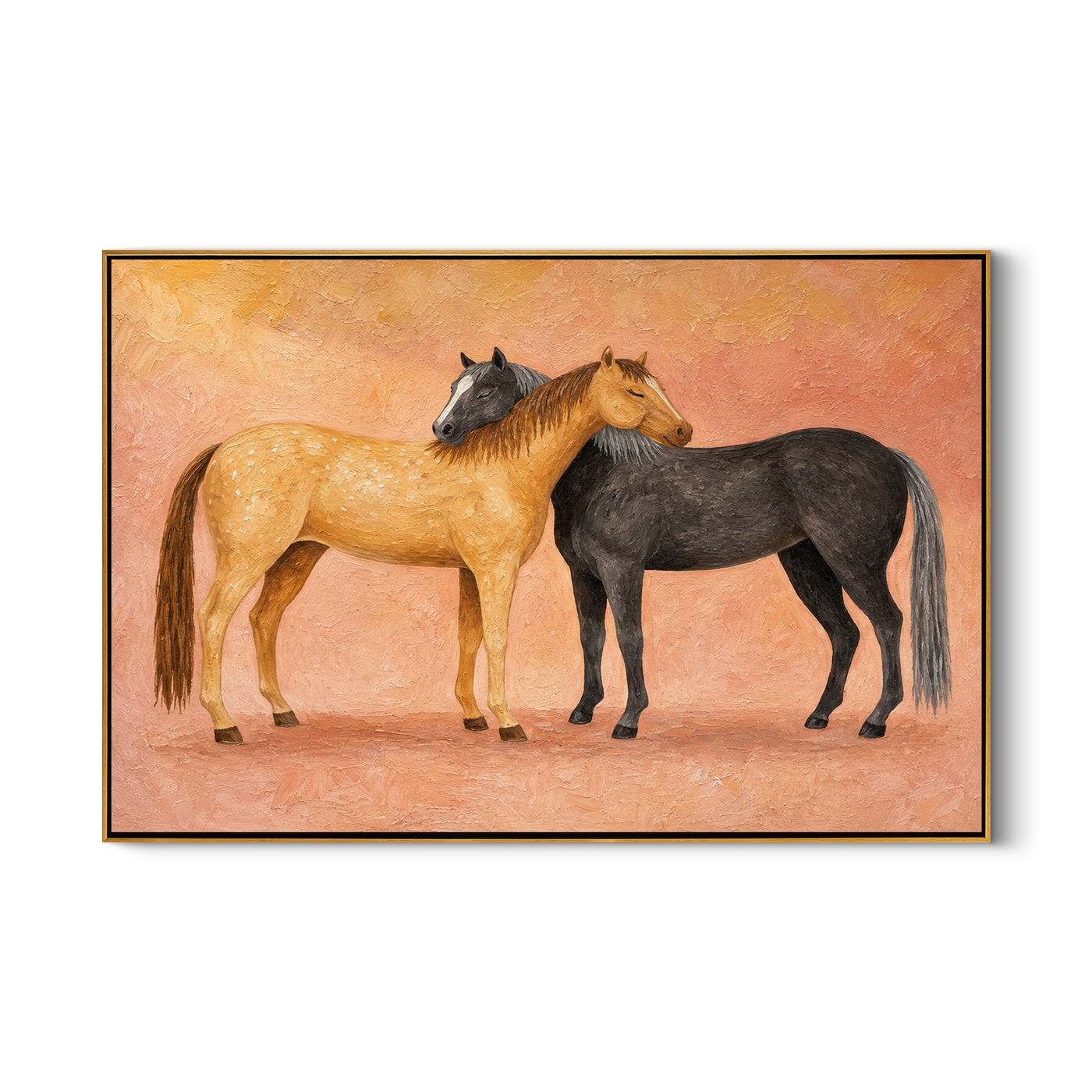 Sunlit Horses Share Breath – brown and gold modern western equestrian art, horizontal hand-painted canvas art – view 1