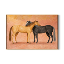 Sunlit Horses Share Breath – brown and gold modern western equestrian art, horizontal hand-painted canvas art – view 1
