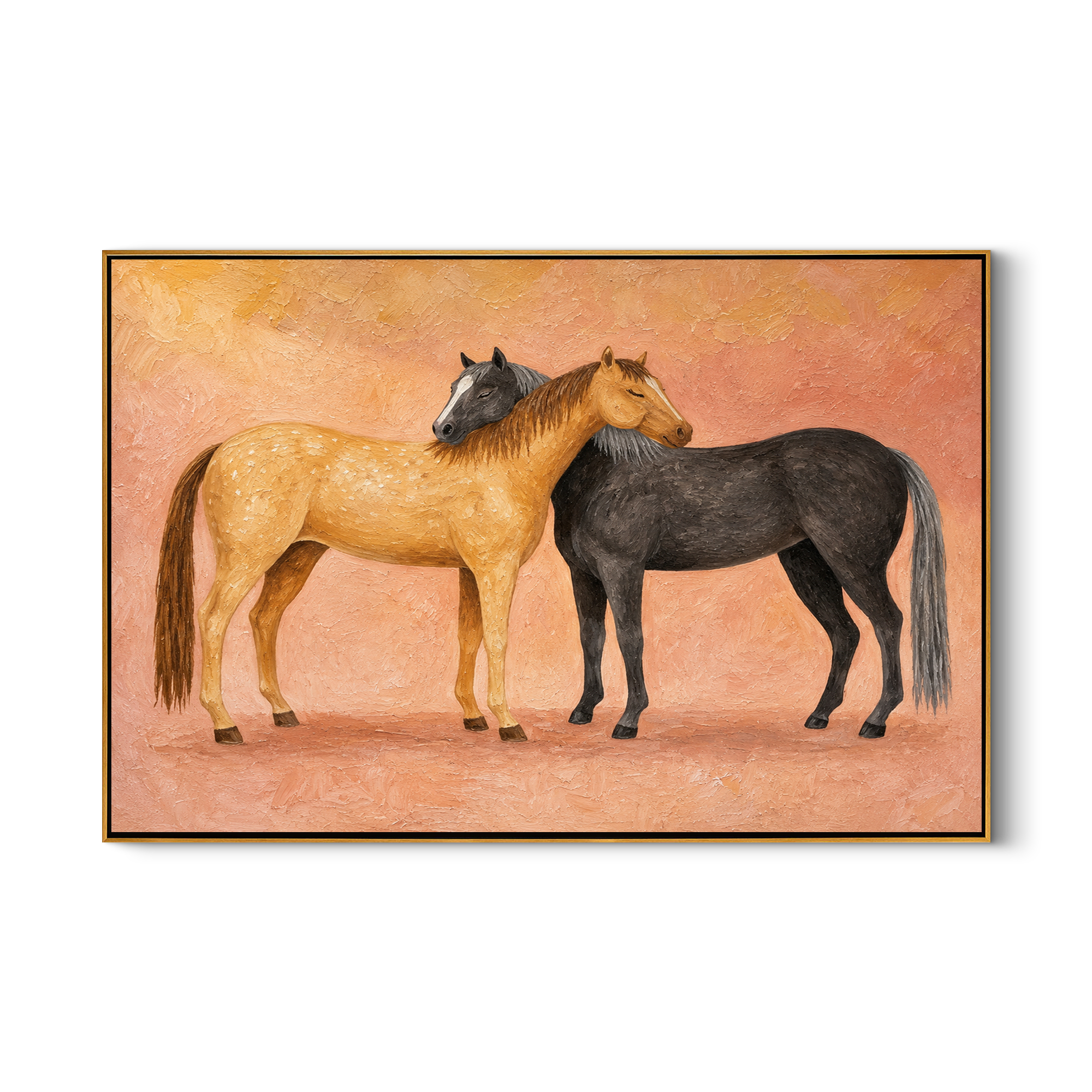 Sunlit Horses Share Breath – brown and gold modern western equestrian art, horizontal hand-painted canvas art – view 1