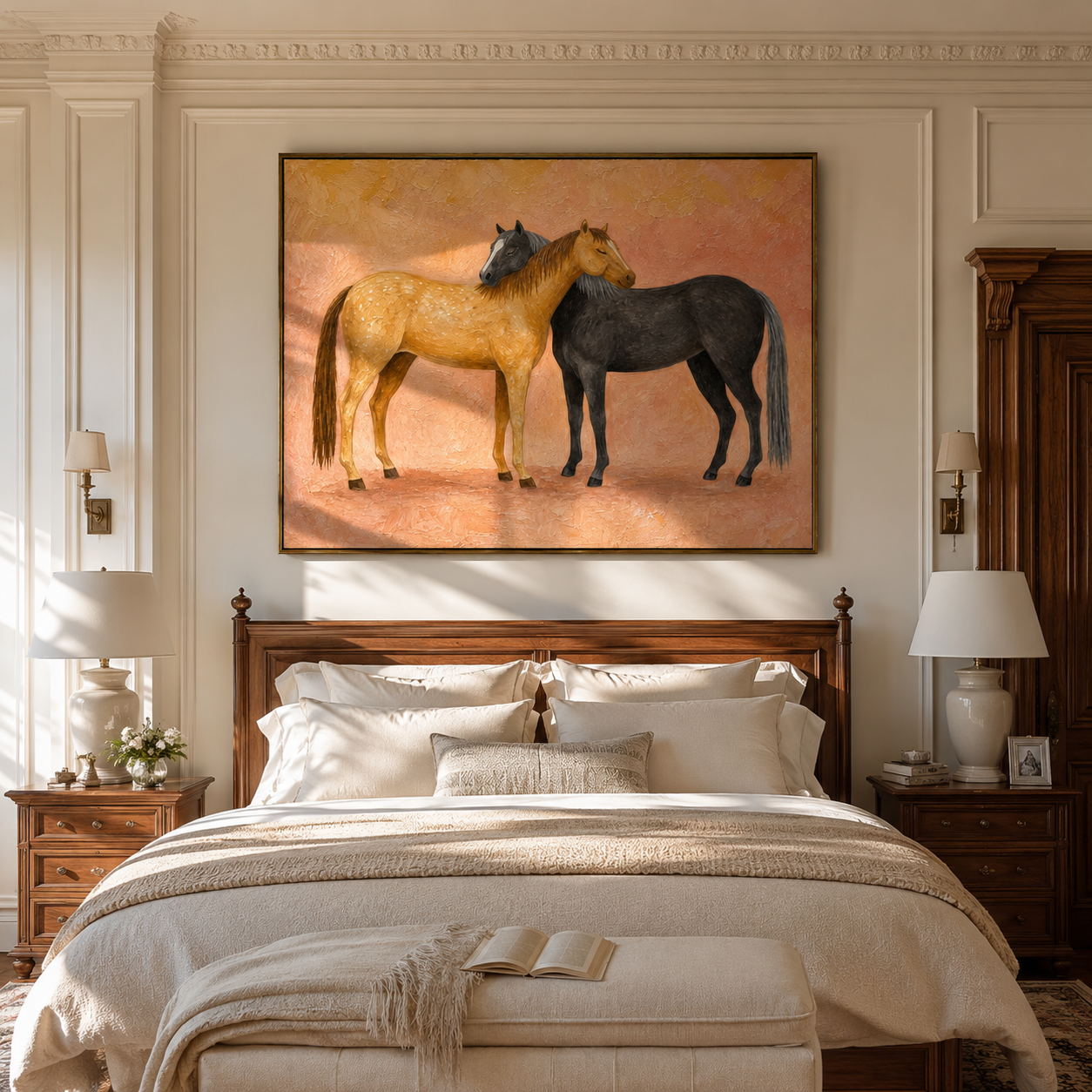 Sunlit Horses Share Breath – brown and gold modern western equestrian art, horizontal hand-painted canvas art – view 2
