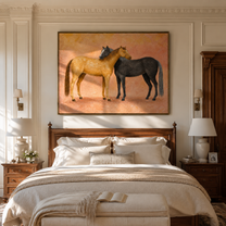 Sunlit Horses Share Breath – brown and gold modern western equestrian art, horizontal hand-painted canvas art – view 2