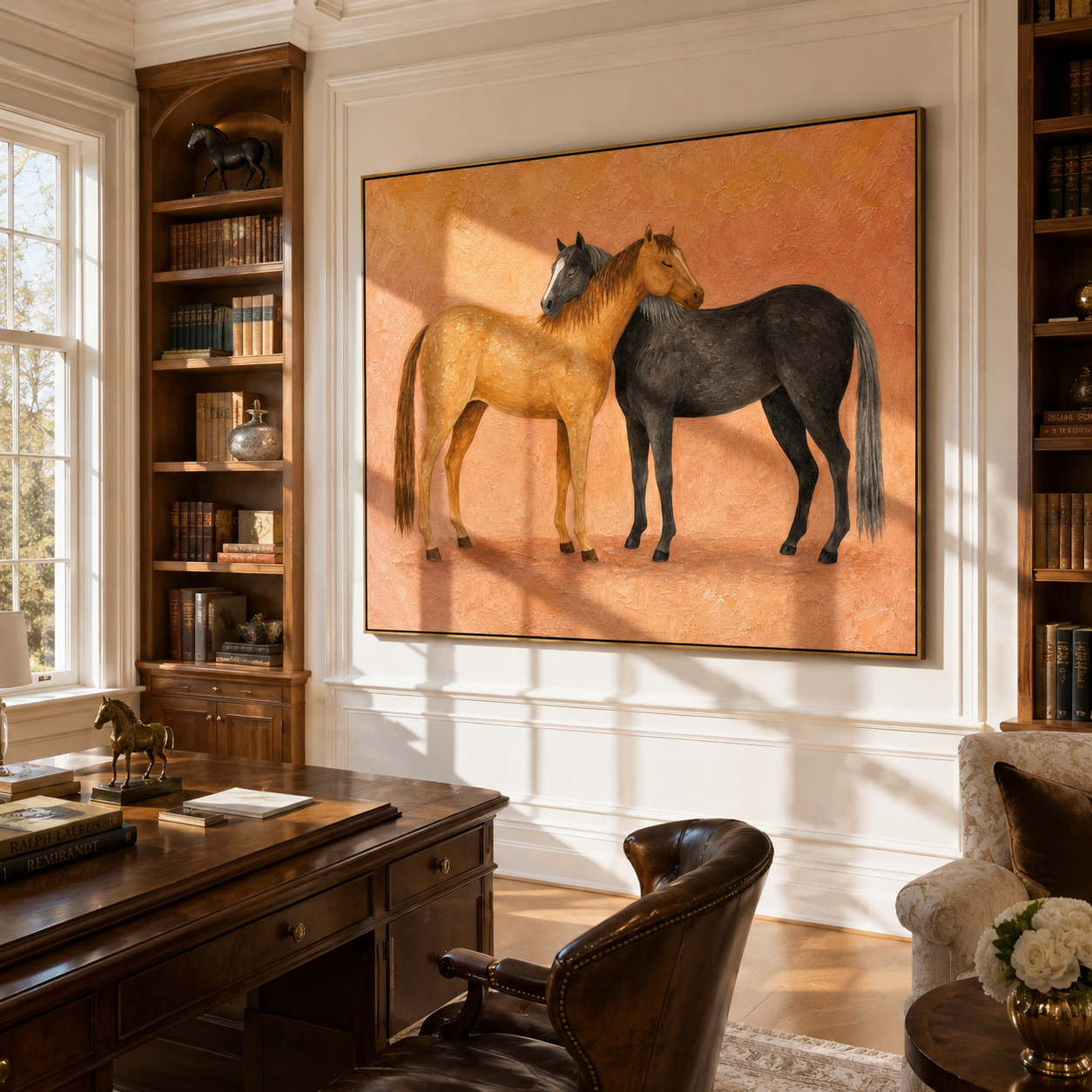 Sunlit Horses Share Breath – brown and gold modern western equestrian art, horizontal hand-painted canvas art – view 3