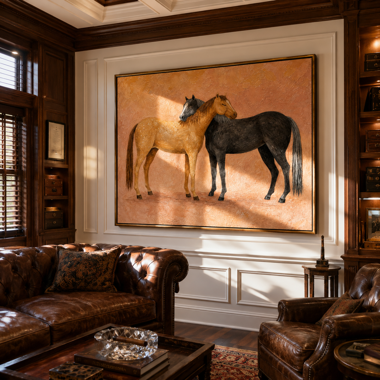 Sunlit Horses Share Breath – brown and gold modern western equestrian art, horizontal hand-painted canvas art – view 4