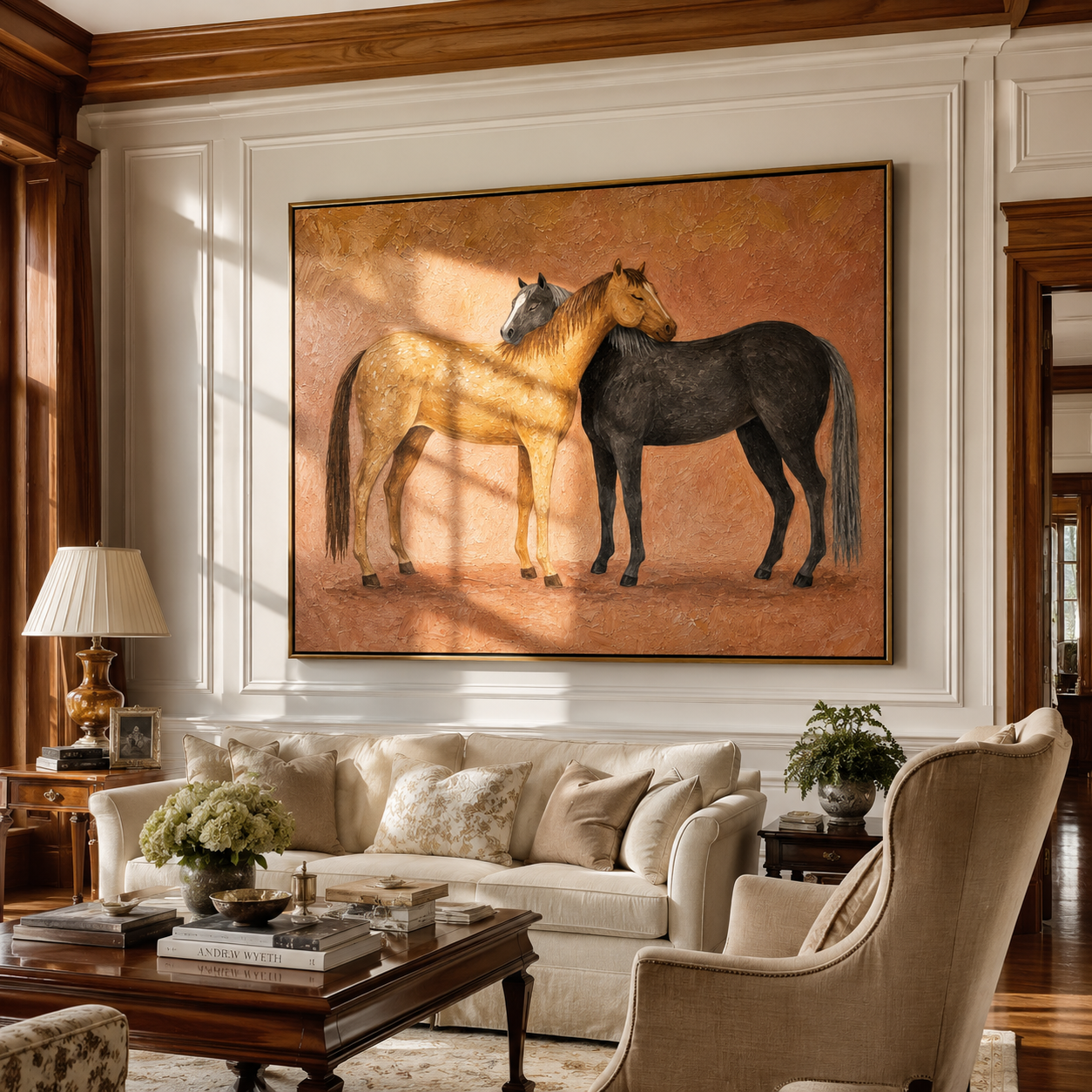 Sunlit Horses Share Breath – brown and gold modern western equestrian art, horizontal hand-painted canvas art – view 5