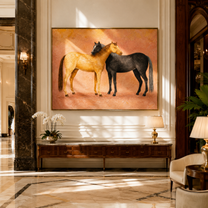 Sunlit Horses Share Breath – brown and gold modern western equestrian art, horizontal hand-painted canvas art – view 6